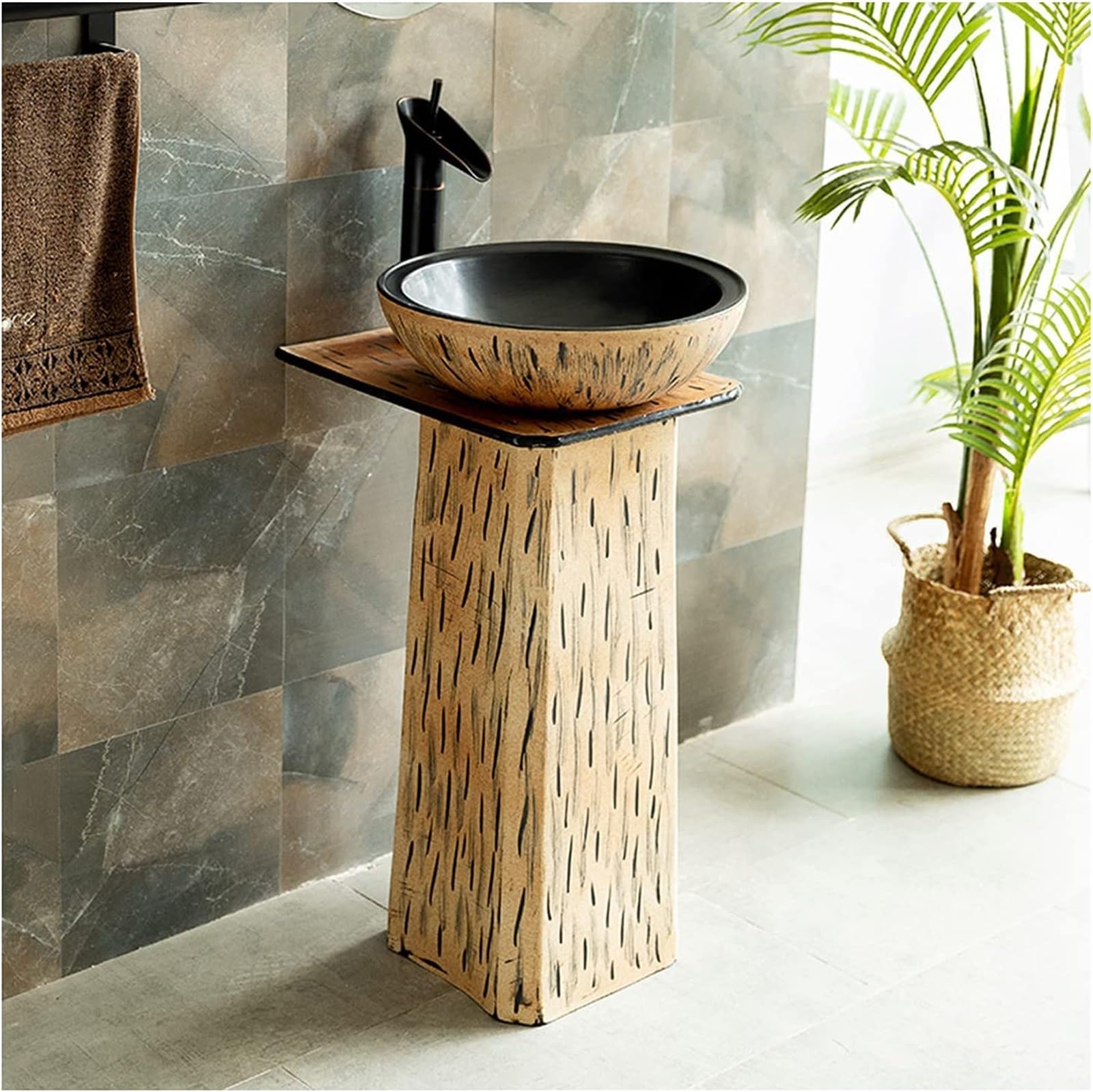 Ceramiczna umywalka łazienkowa, ceramiczna umywalka stojąca, ręcznie robiona umywalka kolumnowa w stylu industrialnym z kranem i korkiem (umywalka stojąca + bateria kombinowana)