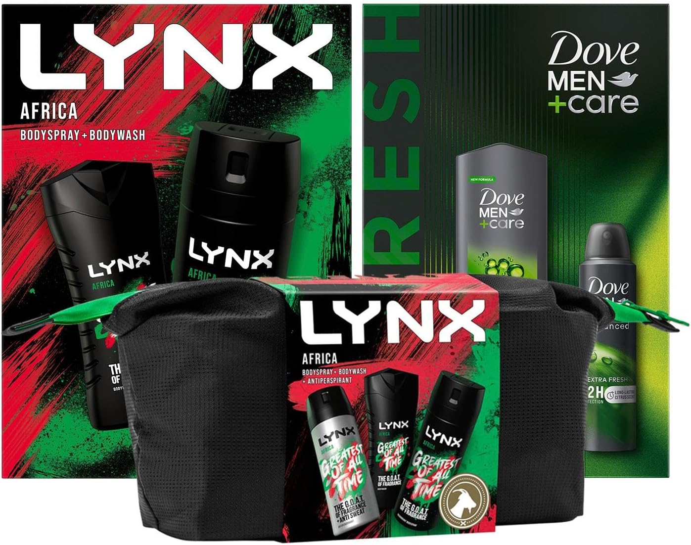 Lynx Africa Duo and Trio Gift Set with Washbag and Dove Men+Care Extra