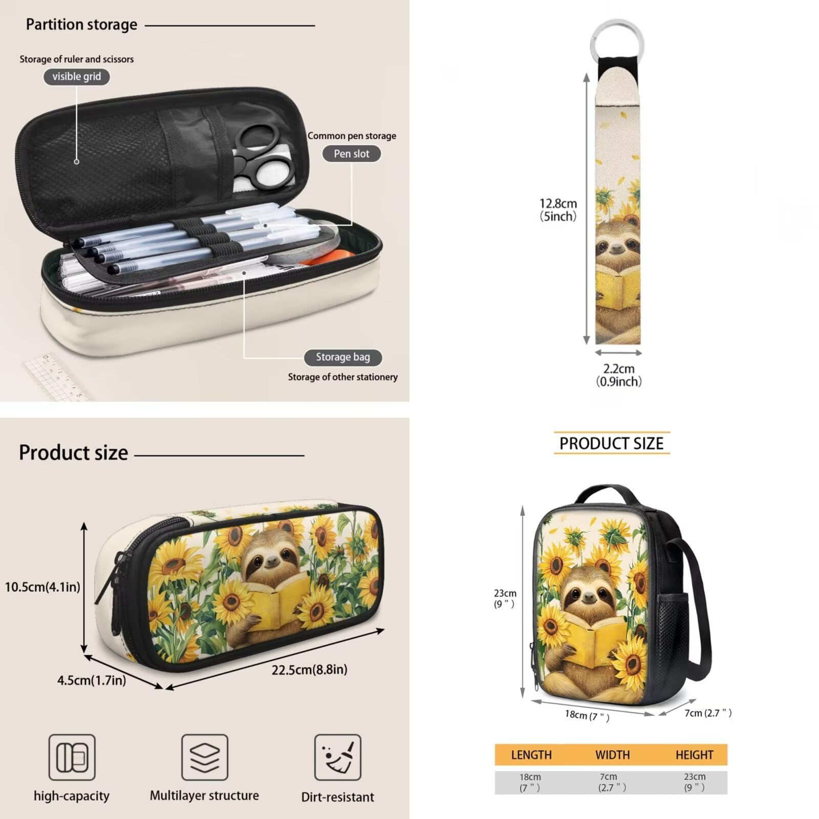 Rucksack 4-teiliges Set Scool Büchertasche mit Lunchbox, Federmäppchen, Schlüsselanhänger für Grundschulkinder, Kinder, Schultaschen, Sonnenblumen-Faultier, Kinderrucksack