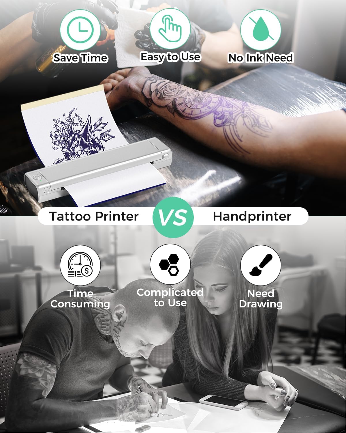 Phomemo M08F Bluetooth Tattoo Stencil Printer & Tattoo Transfer Paper - 110 Sheets A4 Size Portable Stencil Printer for Tattooing, Compatible with Smartphone & PC, Silver