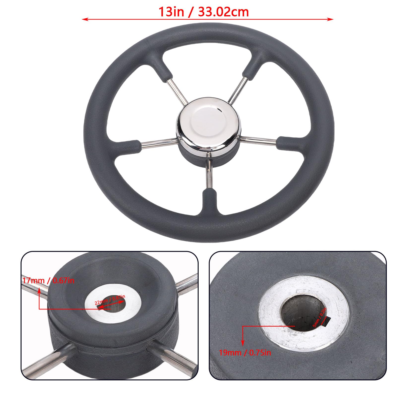 Naroote Volante para Barco de Acero Inoxidable de 13 Pulgadas, Rueda Marina de Acero Inoxidable 304, Rueda de 5 Radios de 15 ángulos con Agarre de Espuma, Ideal para Barcos con Eje Cónico Estándar