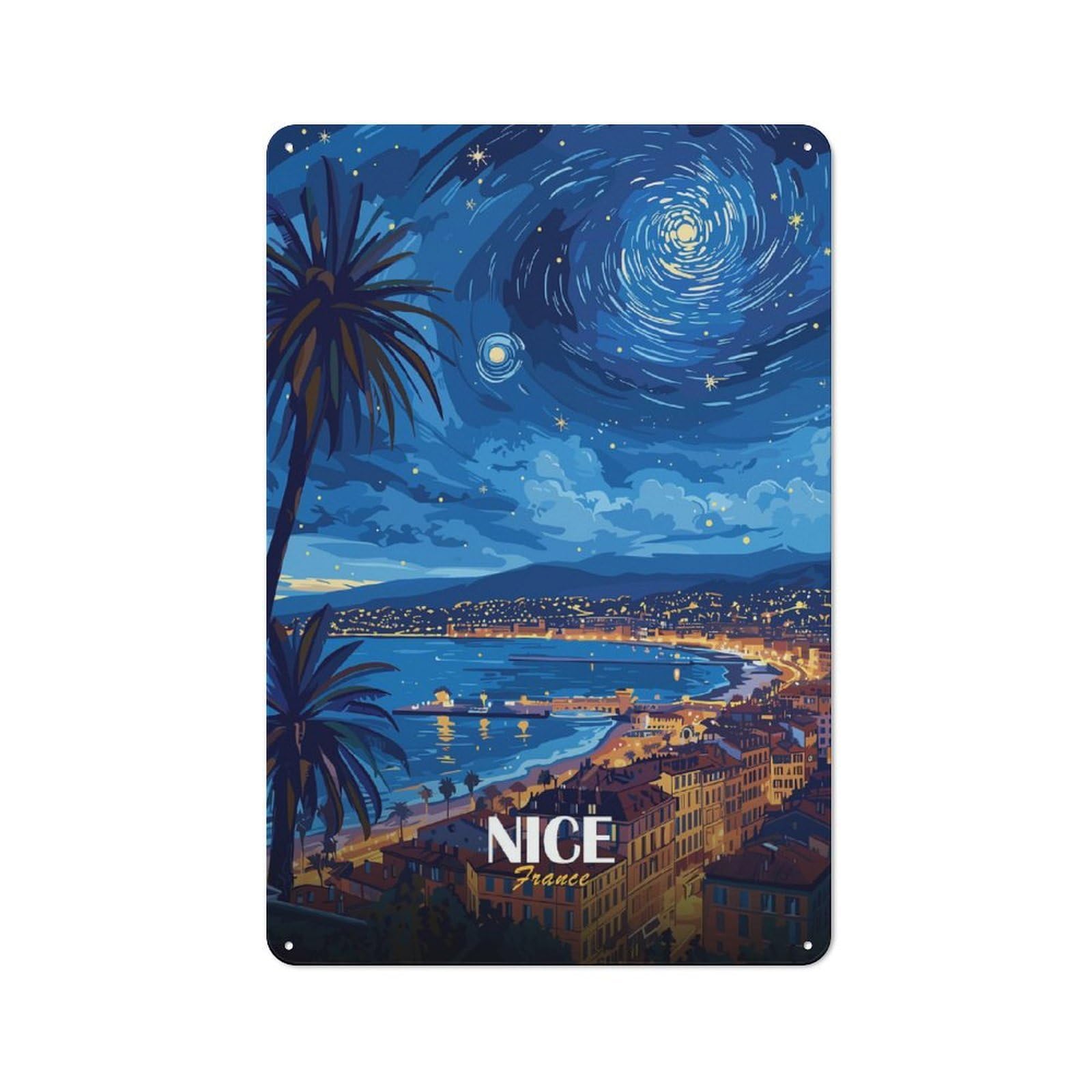Junmoney Style-1 Nice, France Starry Night Cityscape Rustic Metal Sign 30X20cm For Garden Room Or Summerhouse, For Summerhouse Decorators