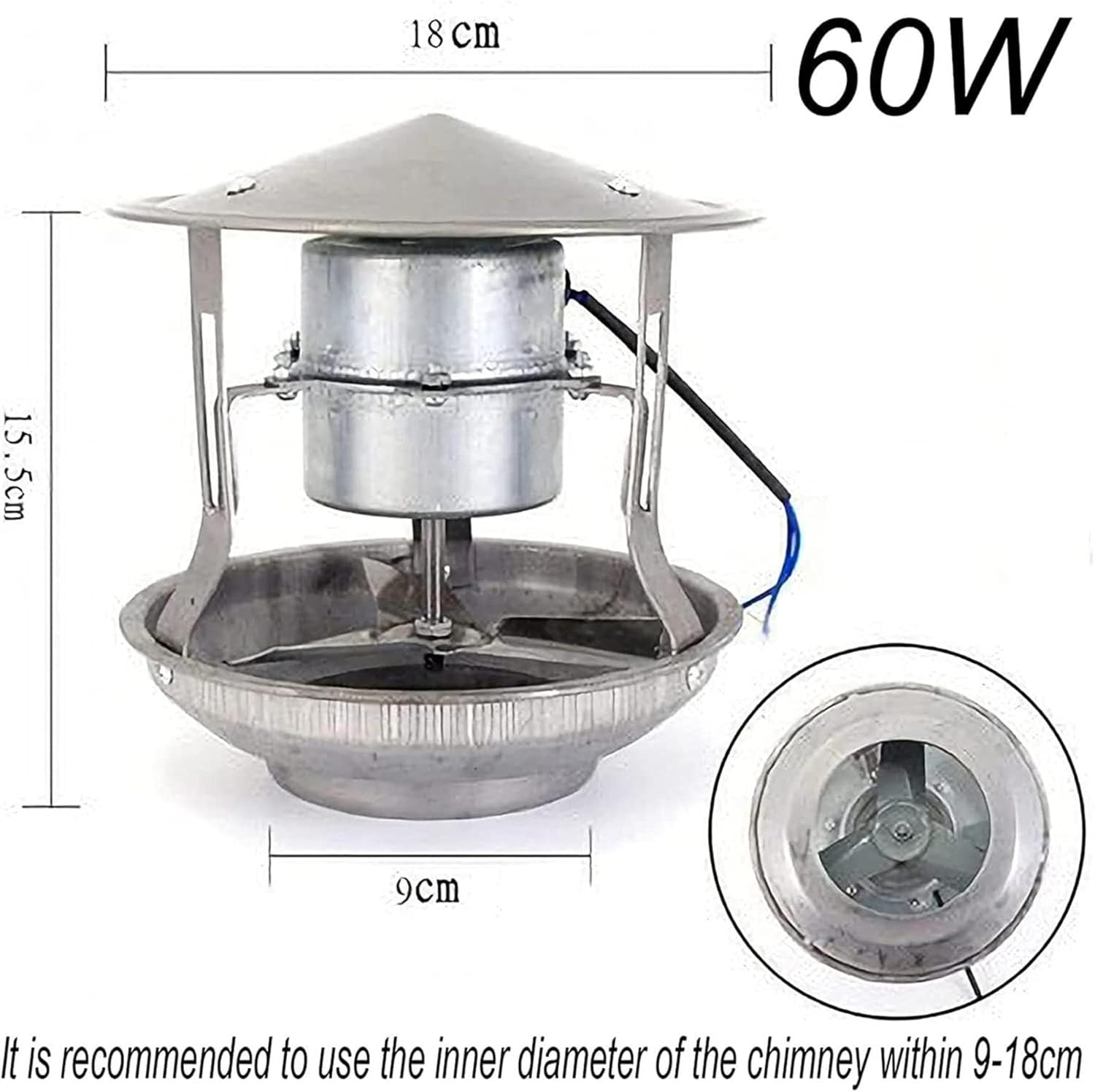 60W Chimney Fan, Fireplace Exhaust Fan for Flue Diameter 9-21cm, Draft Inducer Stove and Wood Burning Heater, Electric Smoke Evacuator