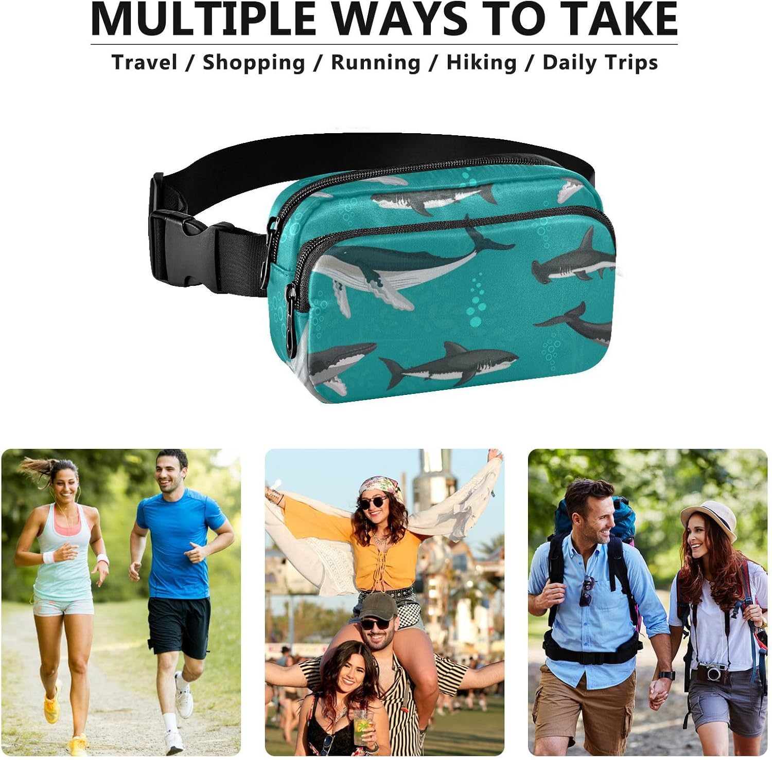 Whale fish sea Blue Fashionable Fanny Pack Waist Bag for Women Men Mini Belt Bag Travel Wallet with Adjustable Strap for Travel Vacation Running