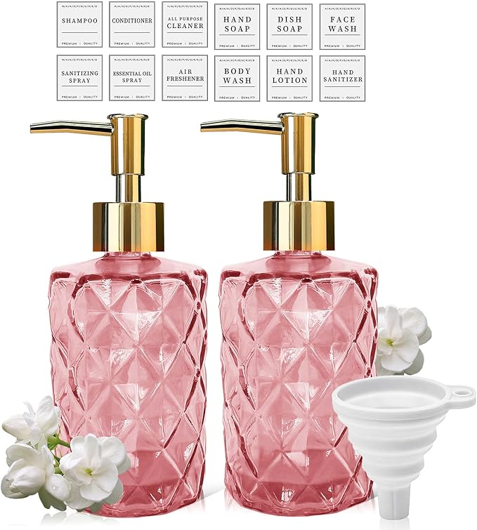 Pink Glass Soap Dispenser Set, Bathroom Hand Soap Dispenser