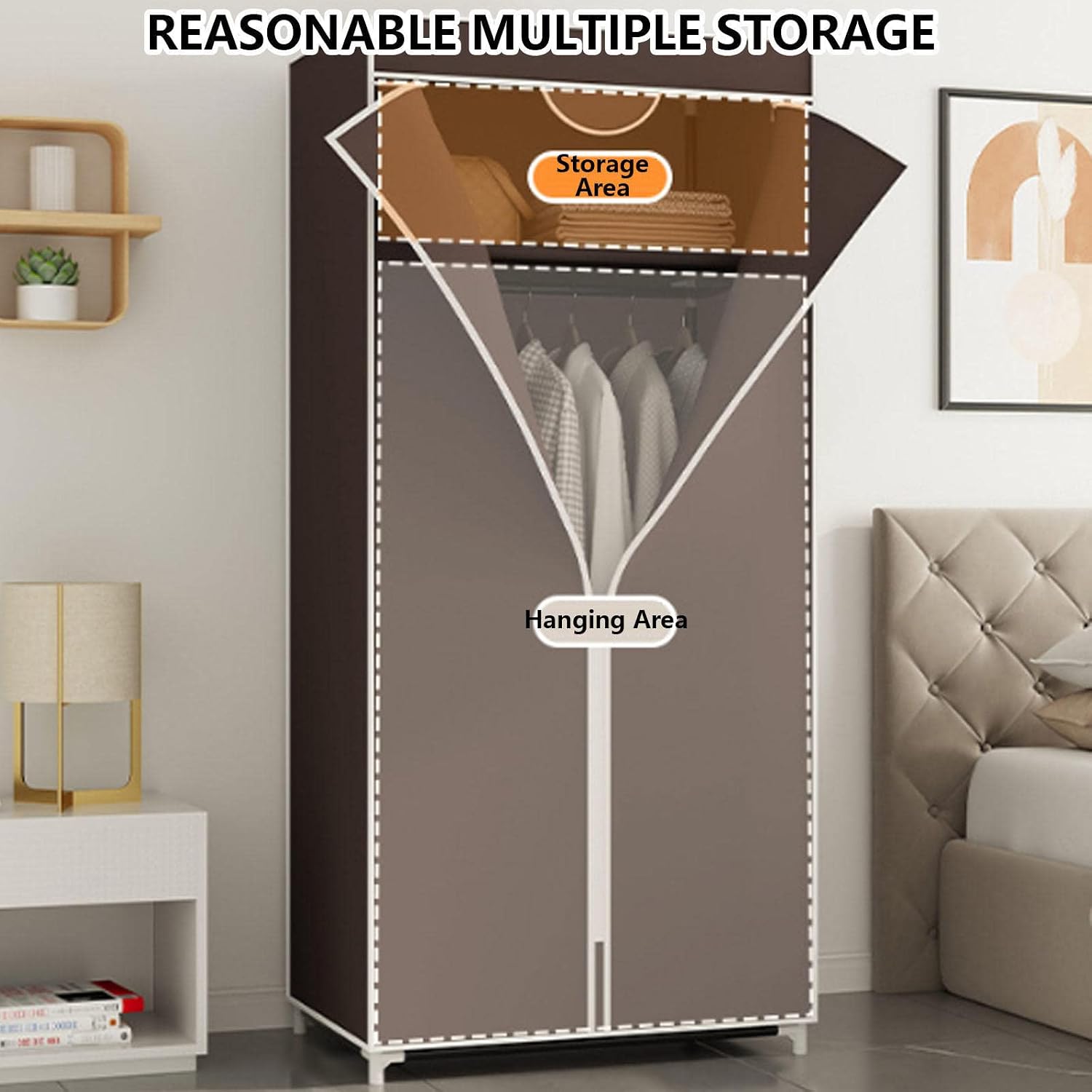Wardrobe Canvas Wardrobe,Portable Wardrobe Shelves with Hanging Rail,Shelves,Fabric Cover,Clothes Closet Storage Organizer,Red-155x90x45