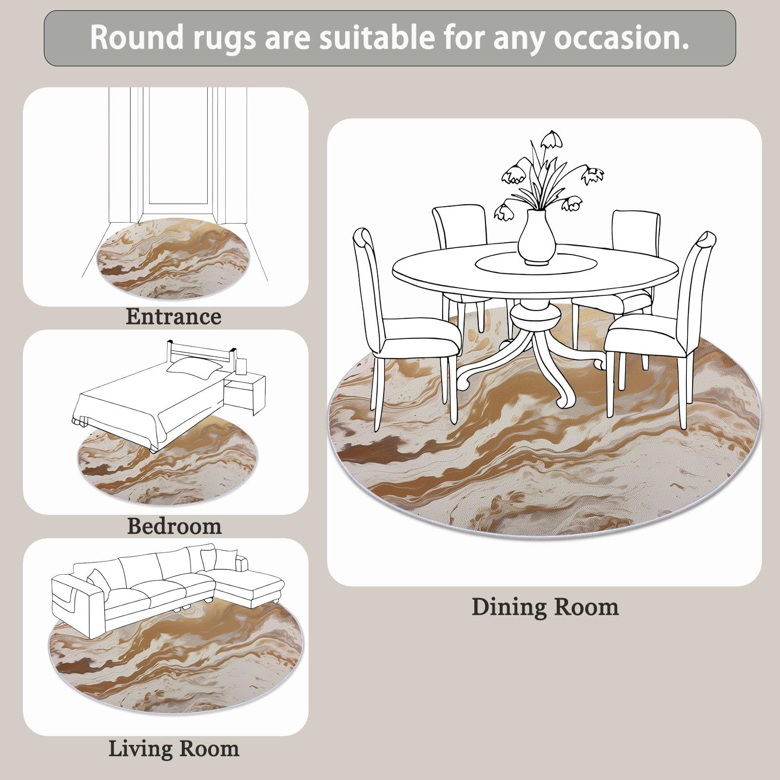 Flauschiger Runder Teppiche Runder 160 cm, Weicher Plüsch Teppich für Schlafzimmer Wohnzimmer - Abstrakt Marmorstruktur Flüssigkeit Farbverlauf Bedruckter Kinderteppich Kuscheliger Teppich Beige