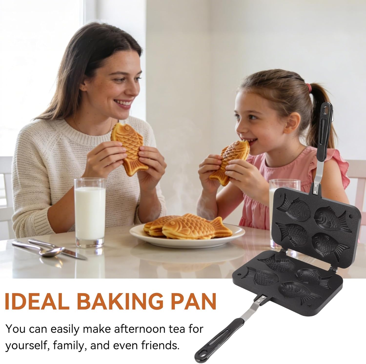 Cyrank Taiyaki Fish-Shaped Cake Pan, Non-stick Waffle Cake Maker Pan Fish-Shaped Pancake Double Pan Mold with Long Handle Pancake Baking Double Pan Mold Japanese Fish-Shaped Hot Cake Maker