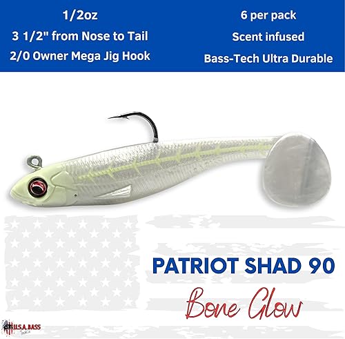 Miniatura 9 de U.S.A. Bass Tackle - Patriot Shad - Cebos de natación con cola de pala, señuelos suaves pre-aparejados, imitación de pez cebo, cebo premium con