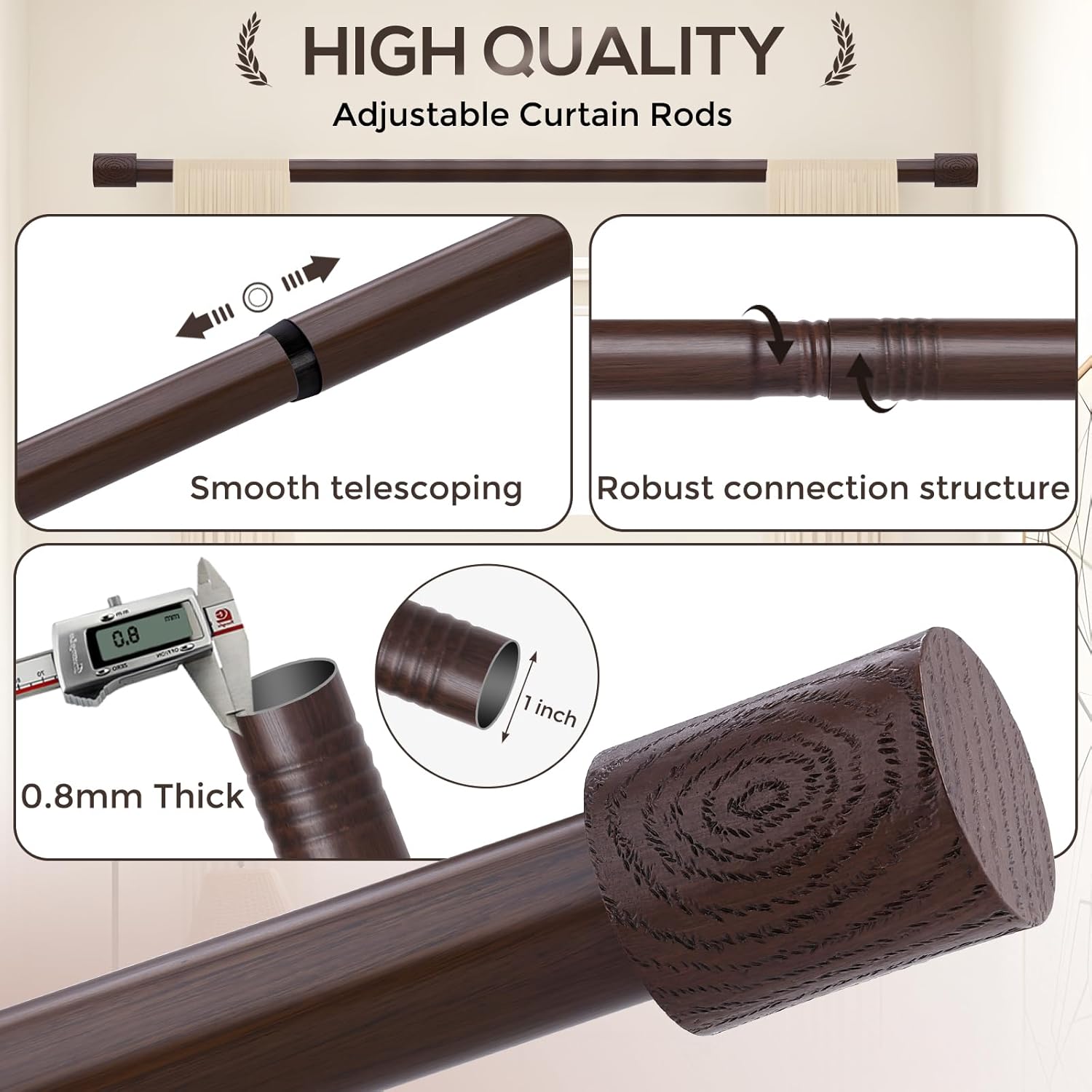 2 Pack Walnut Wood Curtain Rods,1'' Decorative Adjustable Rustic Farmhouse Drapery Rod, Heavy Duty Boho Curtain Pole for Windows 48 to 84 Inch with Imitation Wooden Grain Finials, Size 30"-88"