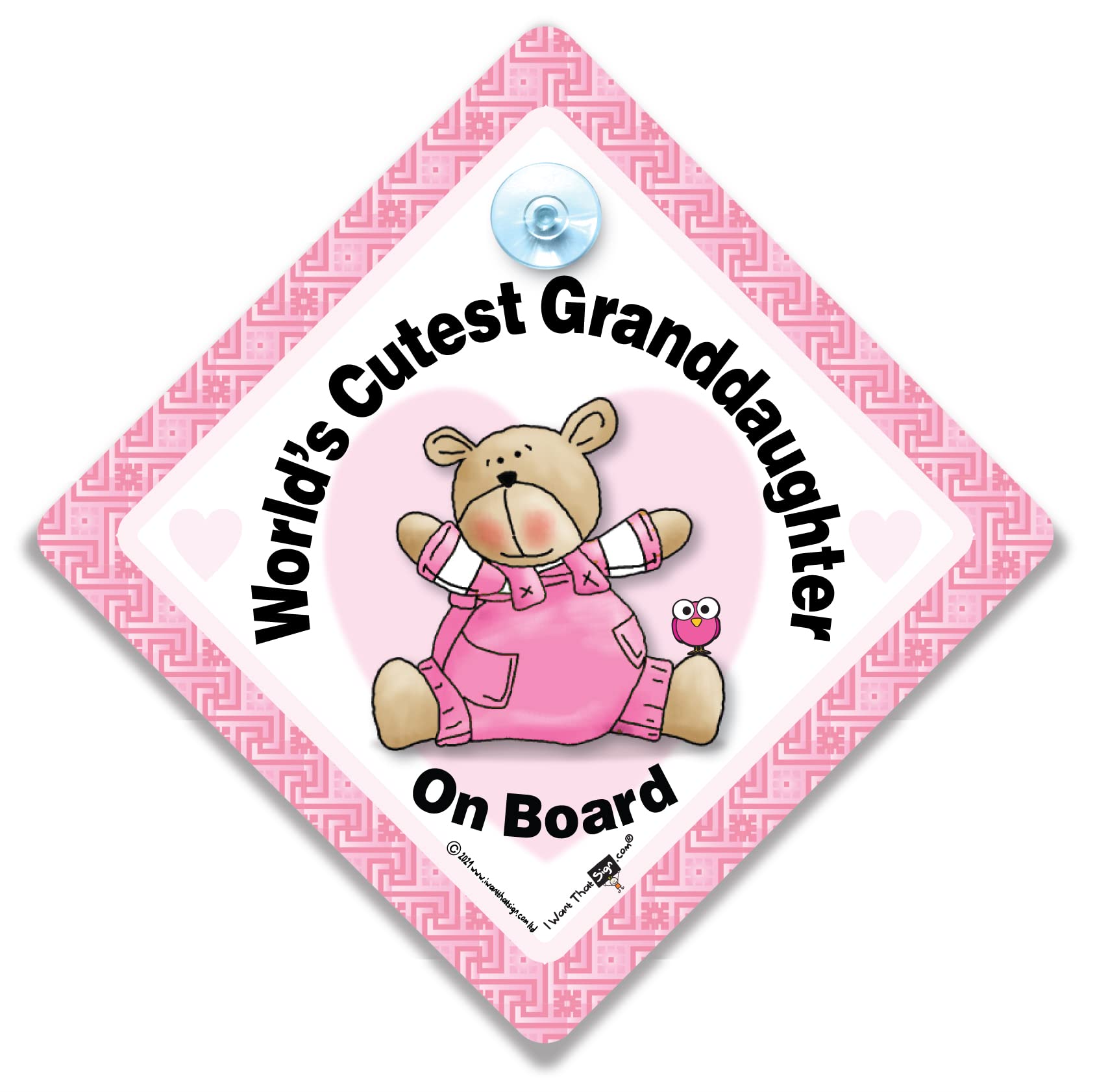 Iwantthatsign.com Pink World's Cutest Granddaughter On Board Car Sign, Baby On Board Sign, Advisory Suction Cup Car Sign To Let Other Road Users Baby Is In The Car, 14 Cm X 14Cm X 2Cm