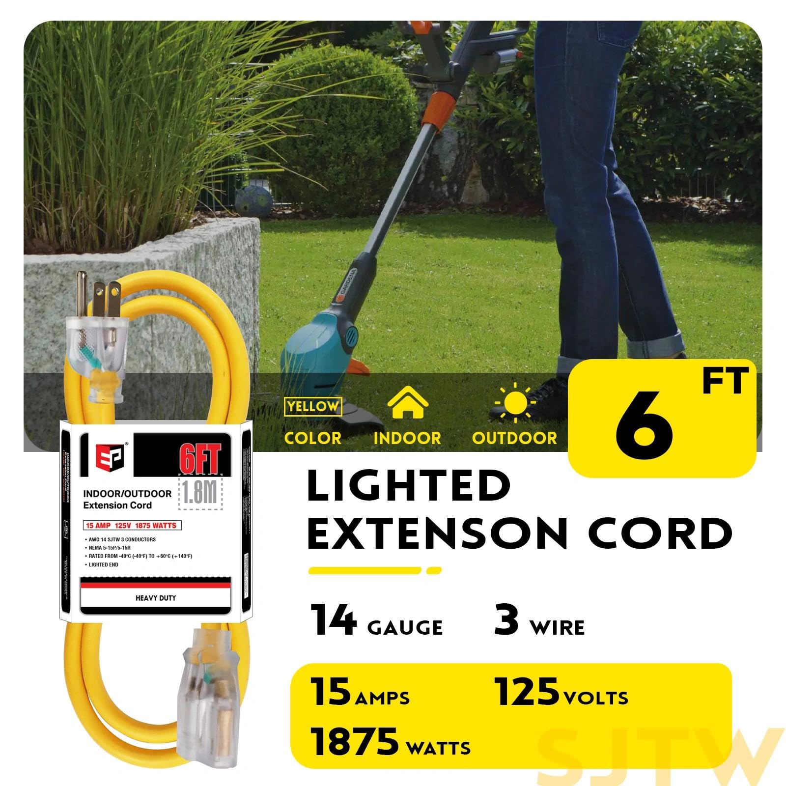 EP Cable de extensión para exteriores iluminado de 14/3 de calibre 14, SJTW, cable de extensión amarillo resistente con enchufe de tierra de 3 puntas, ideal para césped, jardín, electrodomésticos