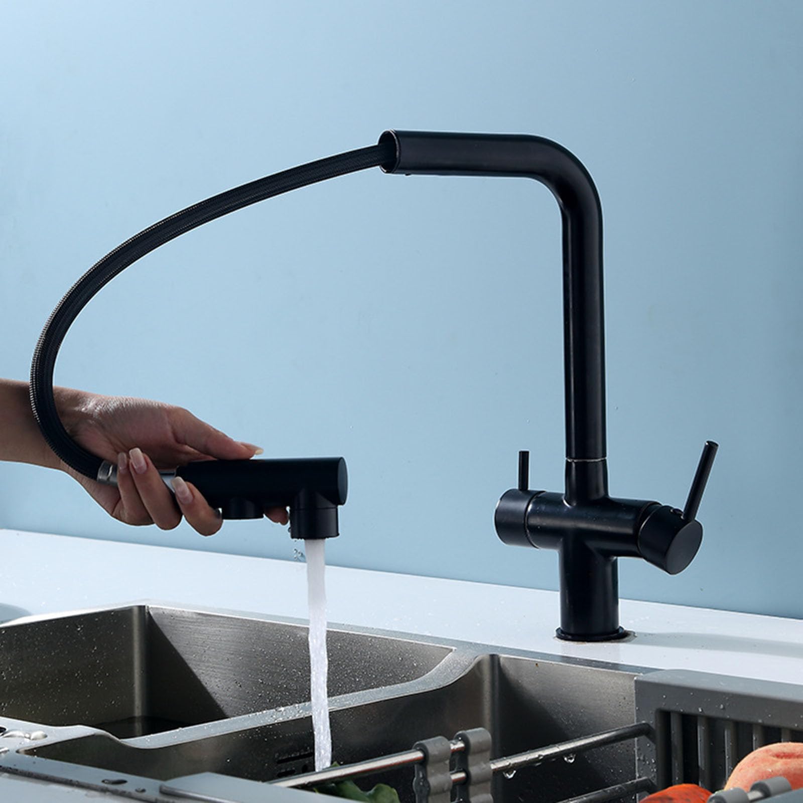 ZYCHSJXA Kitchen Tap 3 Way Pull Out Swivel in 1 Single Hole Brass Sink Taps Way-Black