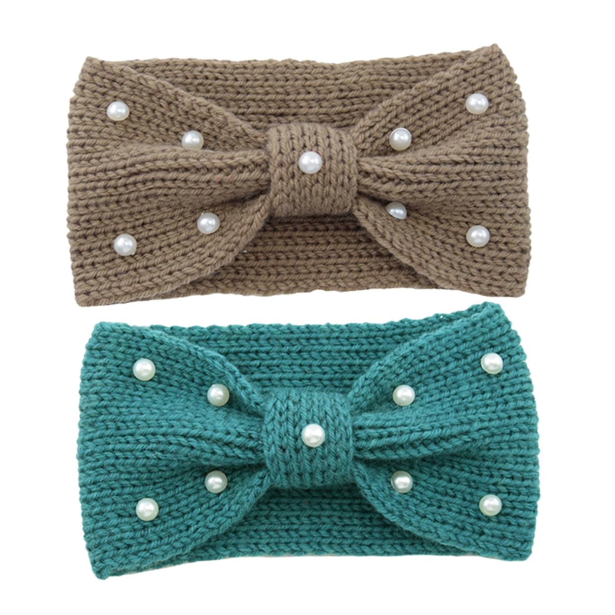 AOKWAWALIY Vintage Pearl Crochet Turban Bowknot Hair Band Knitted Headband for Women Warm Ear Warmer Headscarf