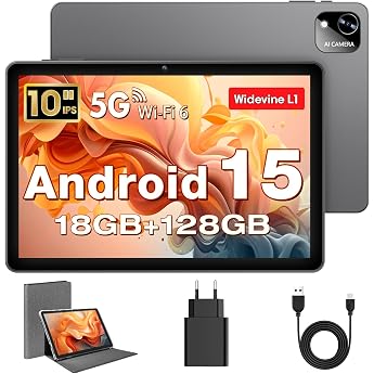 Tablet 10 Inch Android 15 Tablets with Case Unisoc T30 Quad-Core 18GB RAM + 128GB ROM + 1TB TF 1280x800 HD IPS Display 5MP + 8MP Dual Camera 6000mAh WiFi 6 BT 5.0 Widevine L1 K302