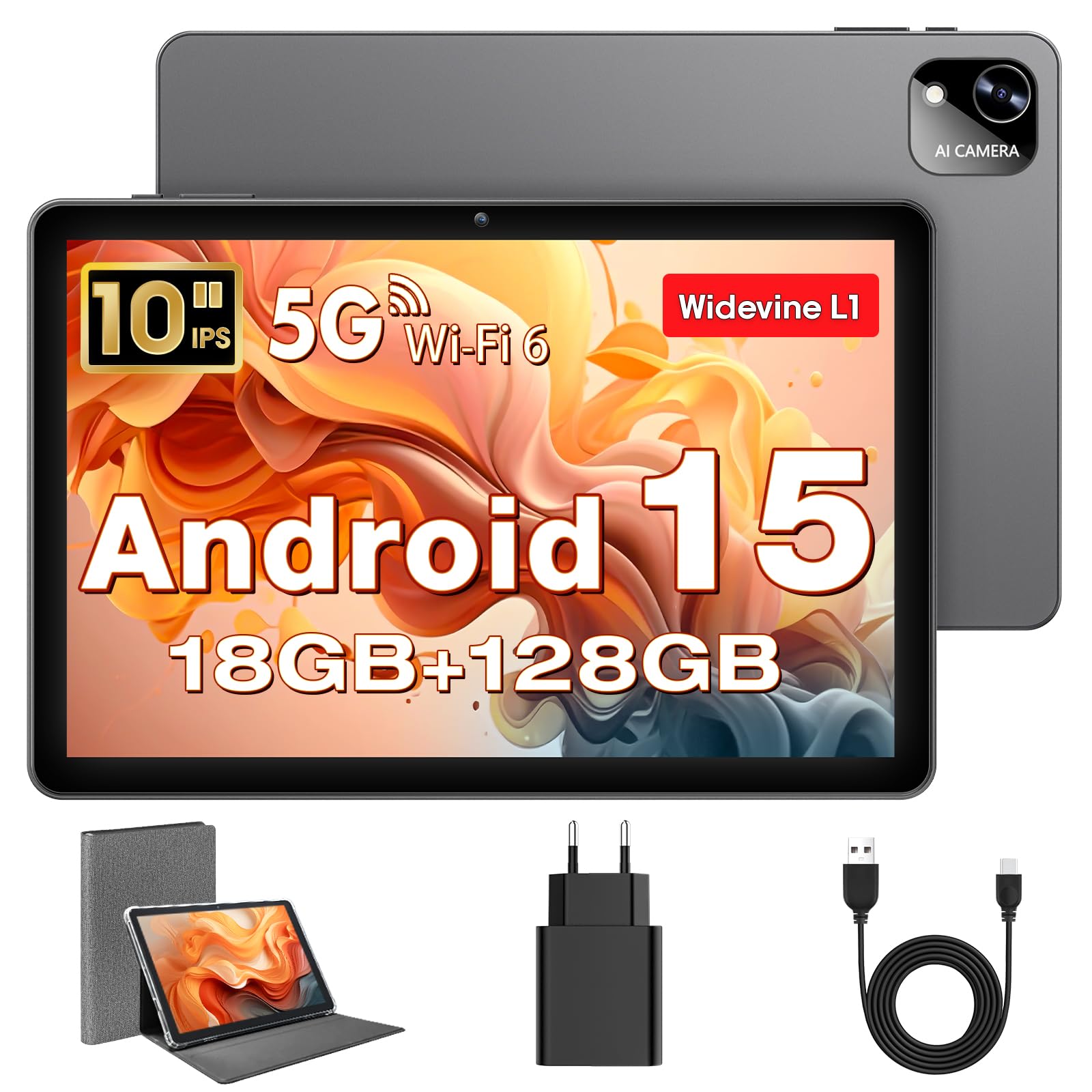 Tablet 10 Pulgadas, Tableta Android 15 con Funda, Unisoc T30 Quad-Core, 18 GB RAM + 128 GB ROM + 1 TB TF, Pantalla HD IPS 1280x800, Cámara Dual 5MP + 8MP, 6000 mAh, WiFi 6, BT 5.0, Widevine L1 (K70) — view 11