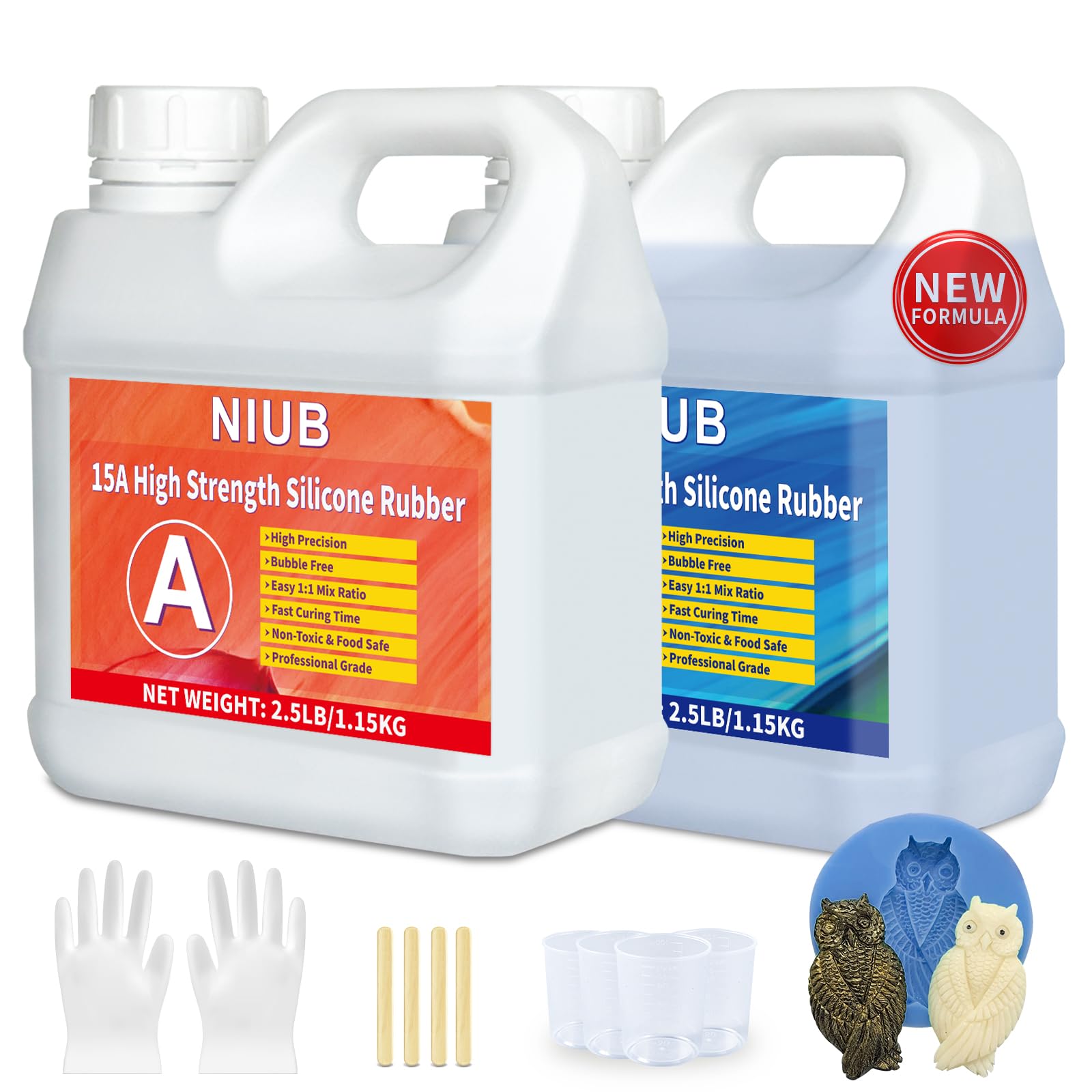 NIUB Abformsilikon, 15A 2,5kg Flüssiges Silikon Abformmasse, Selbstentlüftend, Lebensmittelecht, Easy Mold Release, Niedrige Viskosität, Anti-Tear, Hohe Zähigkeit - Silikon zum Abformen(Blaue)