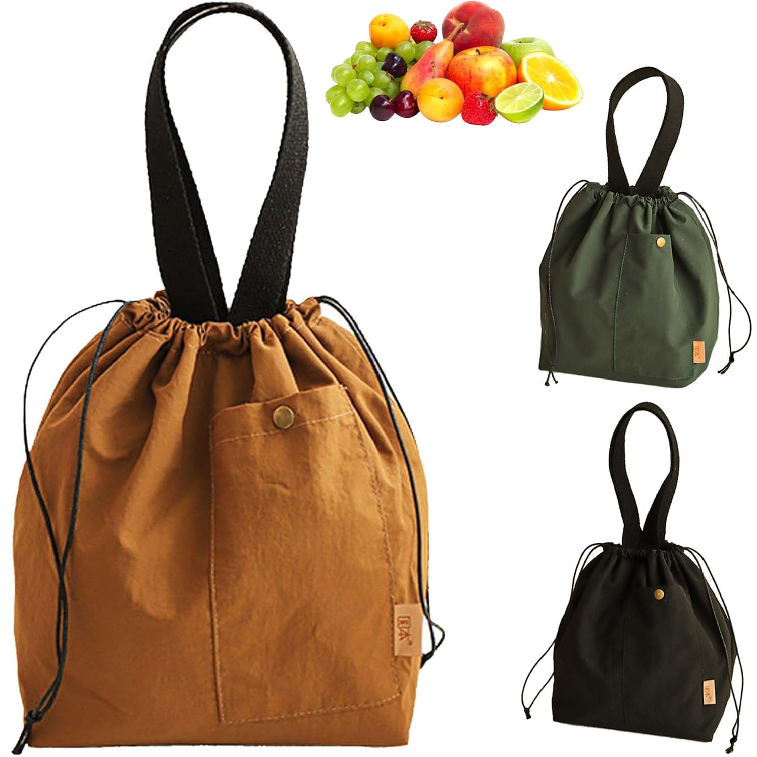 Pvieked 9L Insulated Lunch Bag with Thermal Lining & Side Pockets, Leakproof Wide-Mouth Reusable Lunch Tote, Foldable Drawstring Organizer for Office, School, Picnic, Travel and Camping (Caramel)