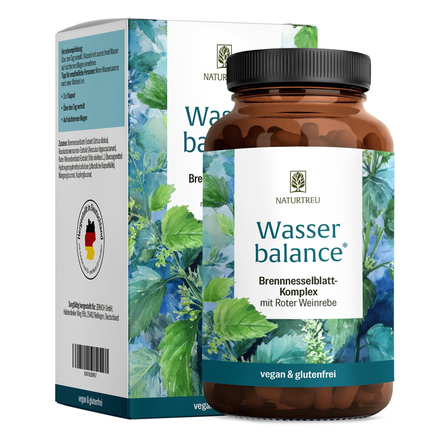 NATURTREU® Brennnessel Kapseln Komplex mit Rosskastanienextrakt und roter Weinlaub Vegan und ohne chemische starke Entwässerungstabletten 90 Wassertabletten