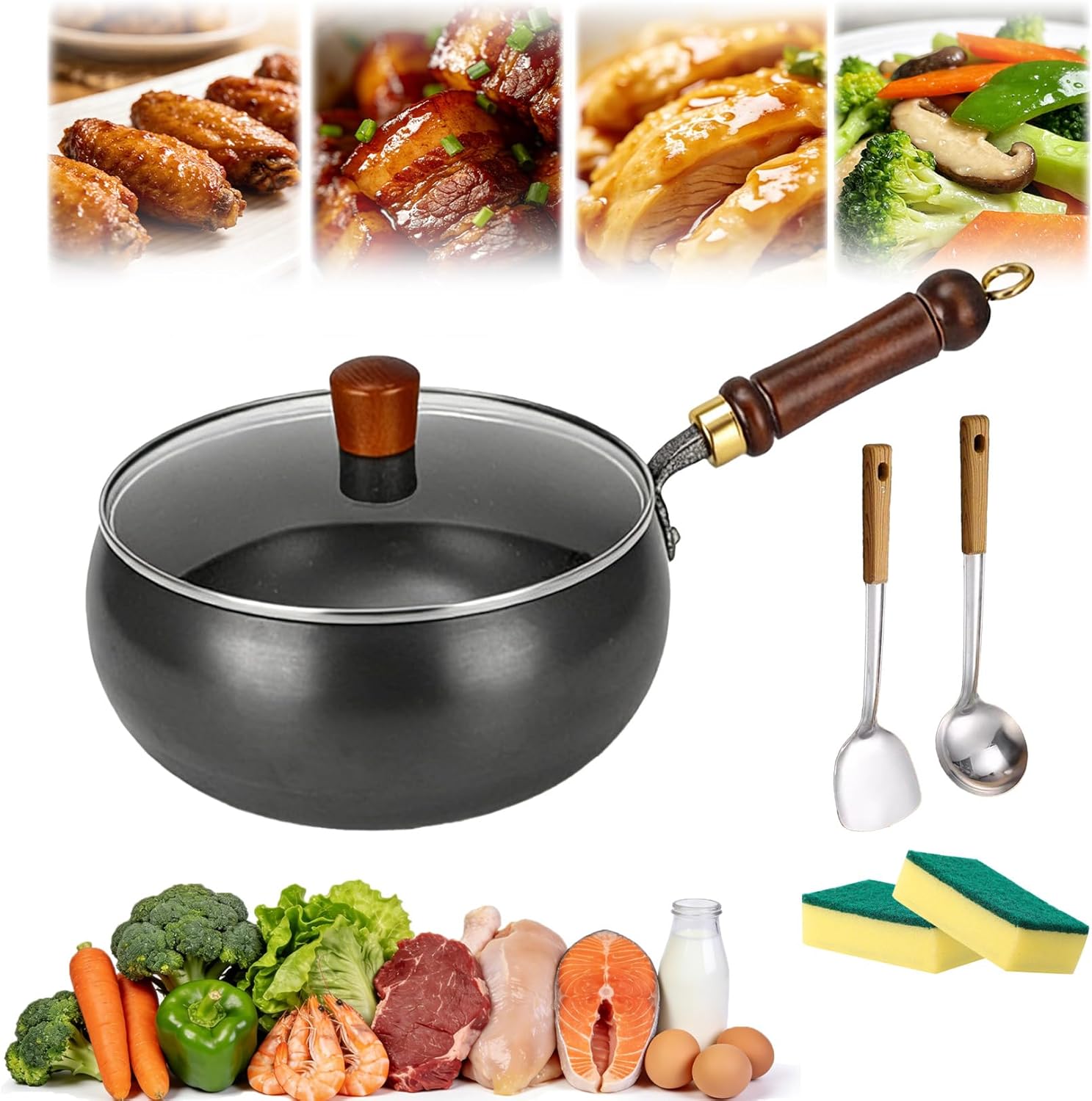 2026 Upgraded Japanese Cooking Cast Iron Pot, Japanese Cast Iron Wok, 9.5''/11'' Hand-Forged Non-Stick Iron-Pan, without Coating, for Induction, Gas & Electric Stoves (Glass-Lid,L: 11in)