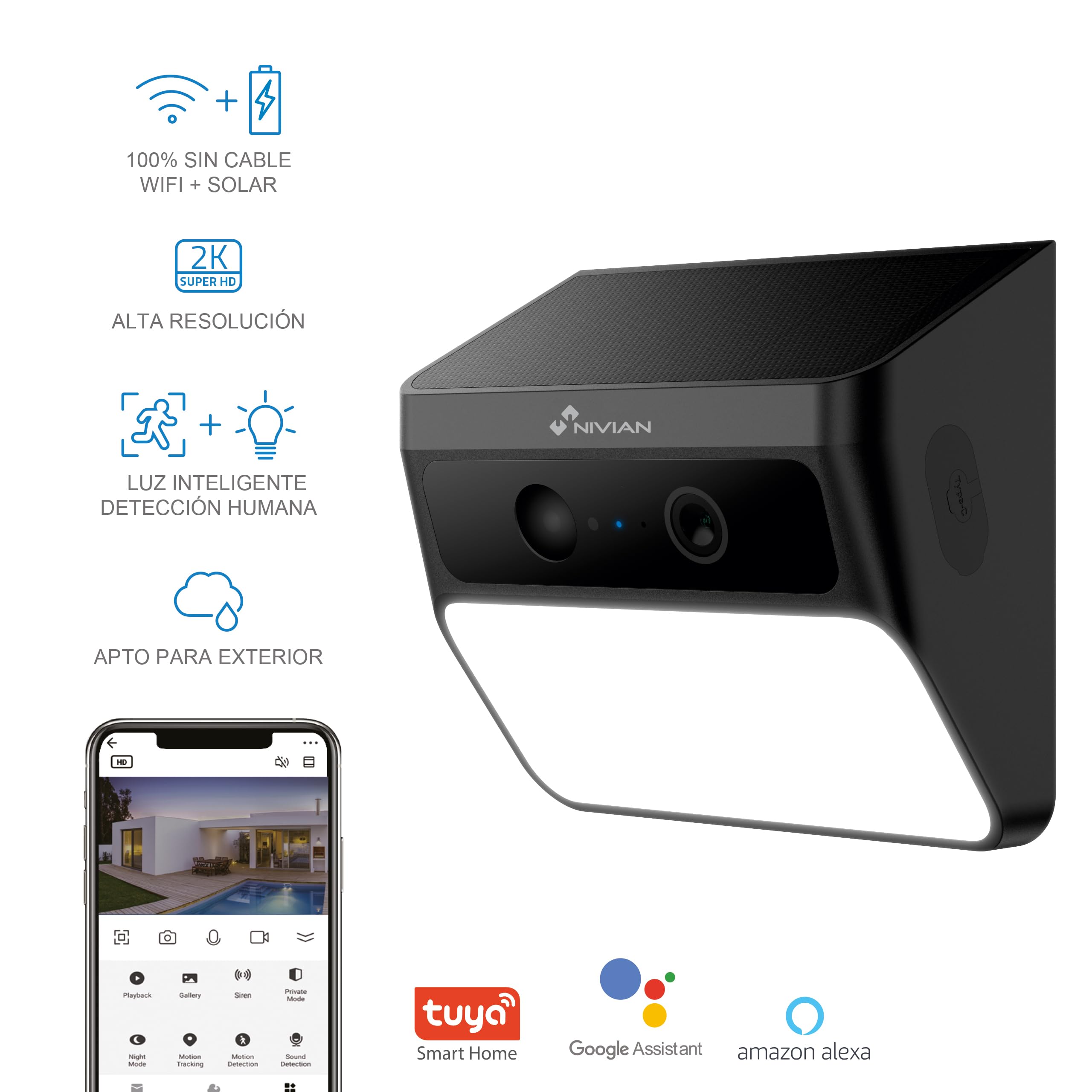 NIVIAN Telecamera IP Wi-Fi solare con faretto LED esterno 2K rilevamento PIR batteria
