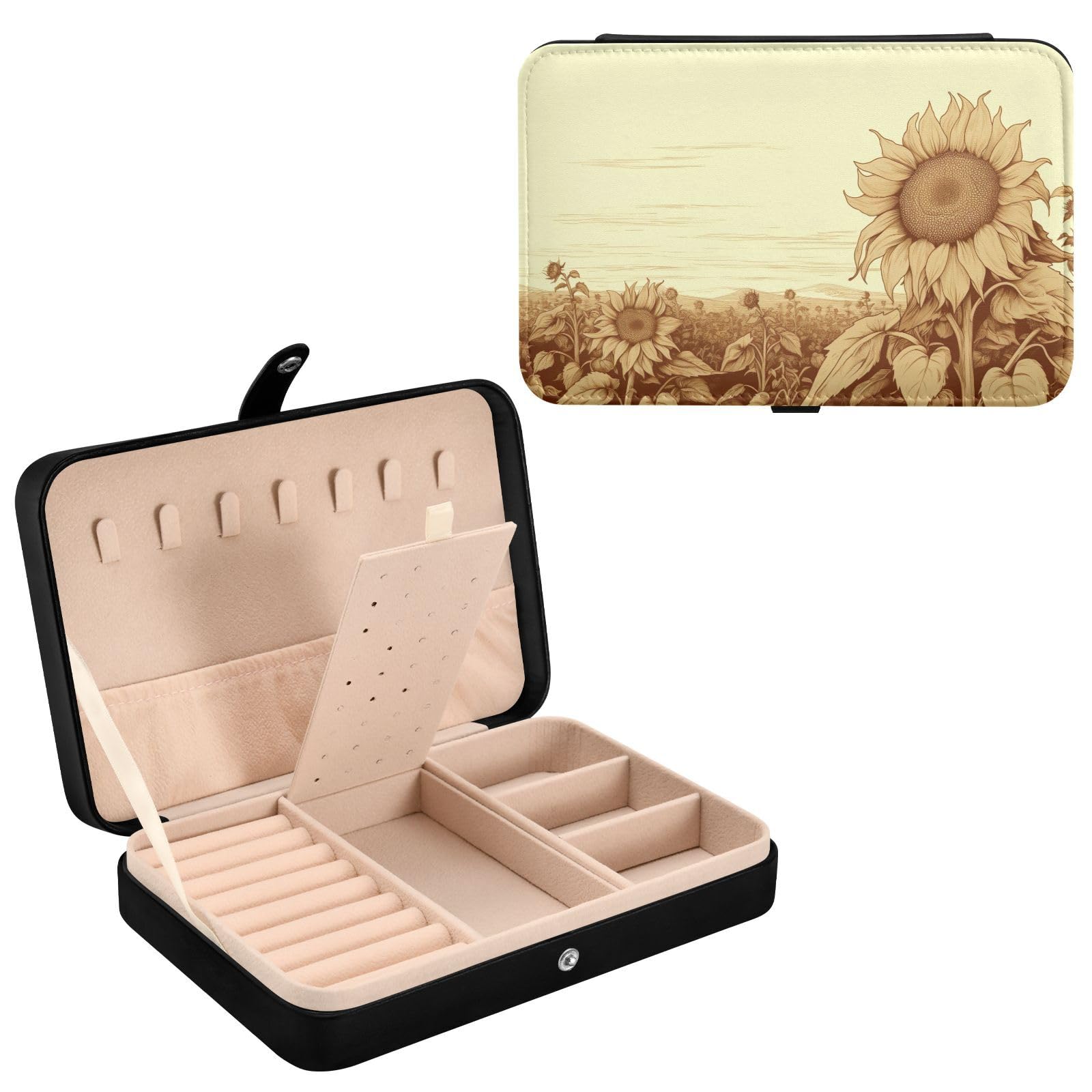 Haskirky Sunflowers Jewelry Box Portable PU Leather Travel Jewelry Organize for Women Jewelry Storage Display Holder for Ring, Necklace, Earring