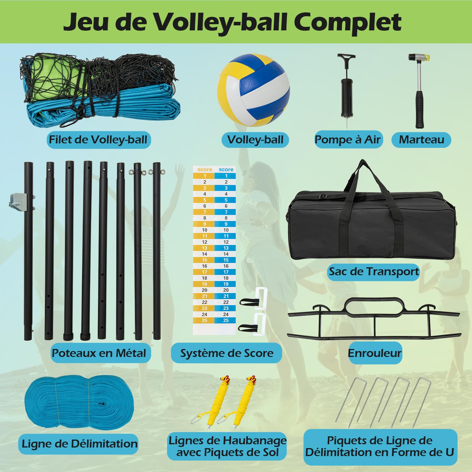 GOPLUS Filet de Volleyball Exterieur Piscine Réglable en Hauteur, Kit de Volley Complet avec Poteaux en Métal, 9,75 m x 0,9 m