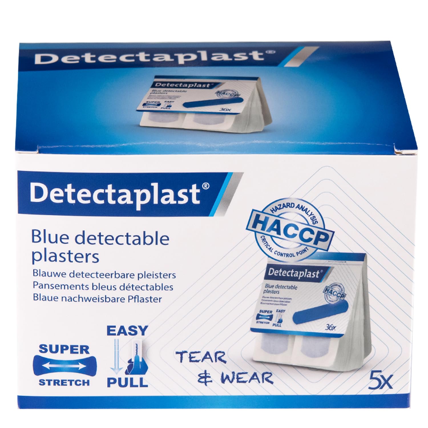 Detectaplast Juego de Recambio para Dispensador de Tiritas, 180 Tiritas Azules Elásticas para la Restauración, Kit de 5 x 36 Apósitos Detectables