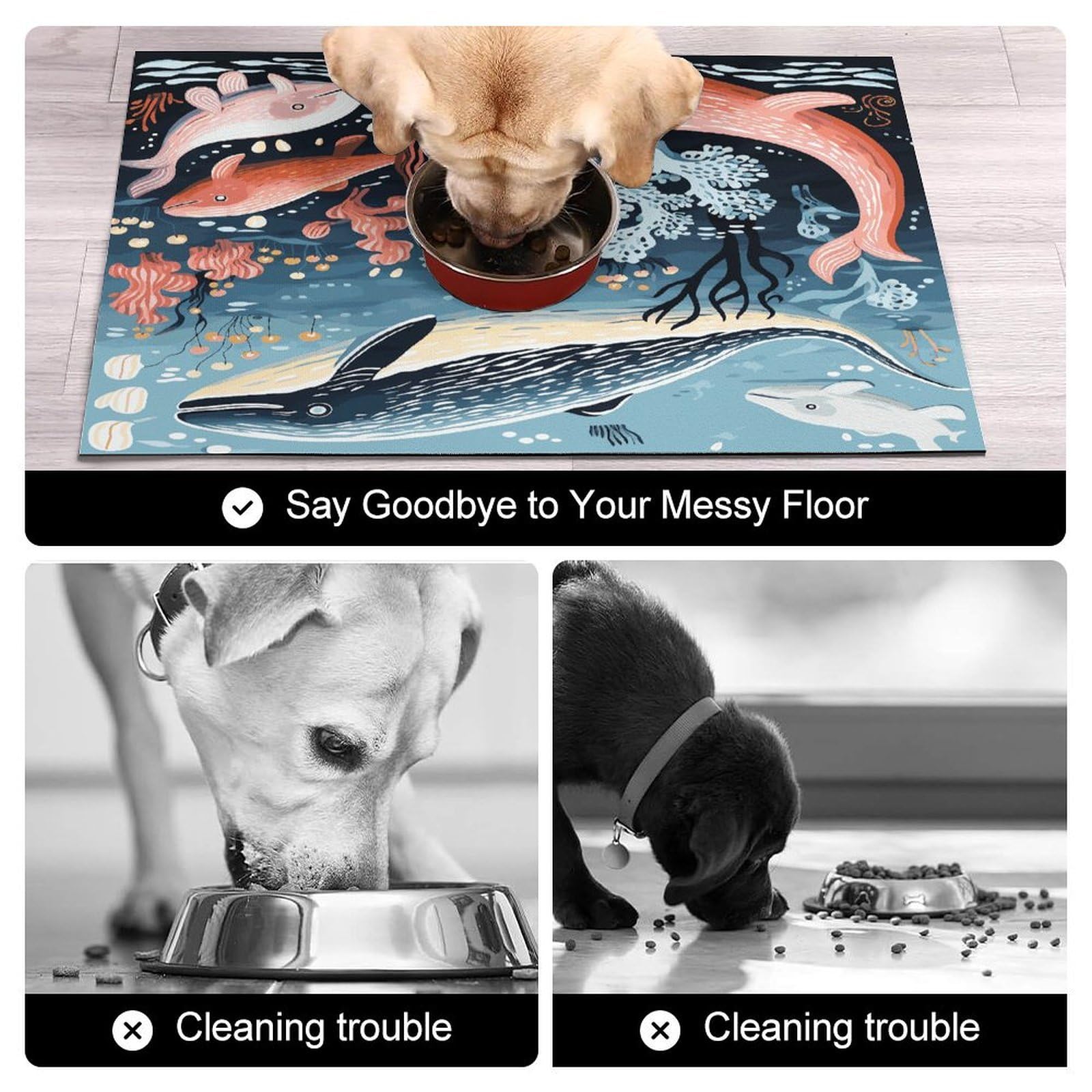 Tapis de nourriture pour chat et animal de compagnie avec baleine, poulpe, poisson, antidérapant, facile à nettoyer pour la nourriture et l'eau, tapis de gamelle pour chien et chat, 61 x 81,3 cm