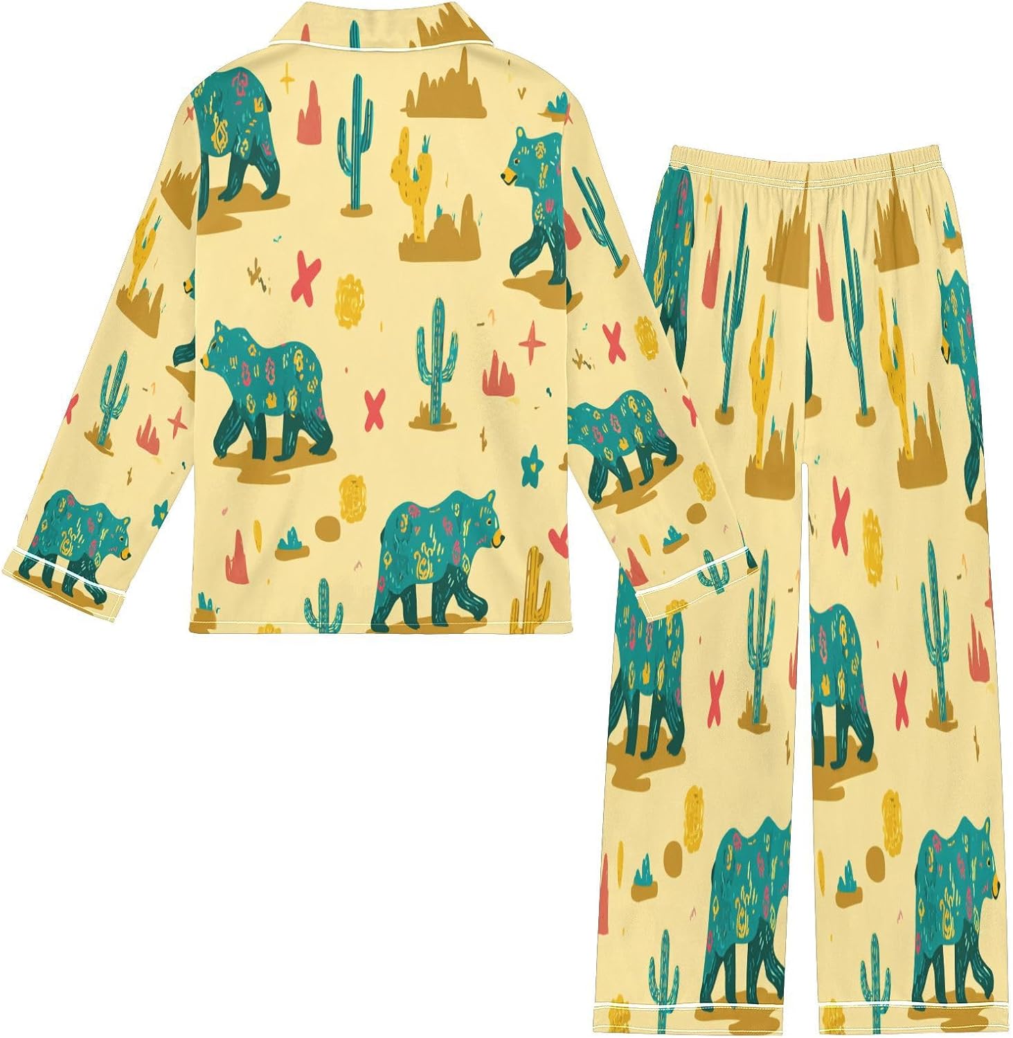 Button Up Satin Pajamas Set Bear Cactus Funny Long Sleeve Sleepwear 2 Piece Pjs Set 5-14 Years