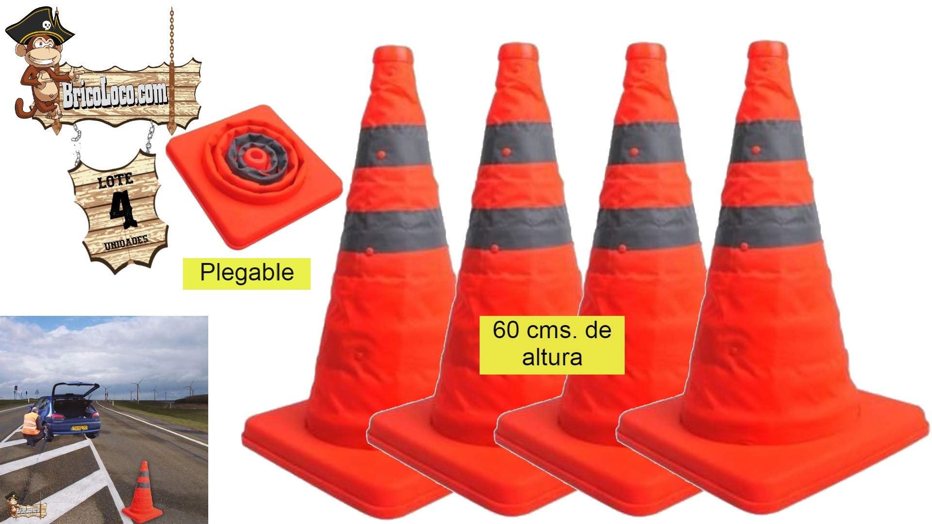 BricoLoco Lote 4 uds Cono señalización carretera plegable 60 cm 2 bandas reflectantes, naranja. Señalización o balizamiento en carretera tráfico, entrenamiento, obra. Fluorescente y reflectante.