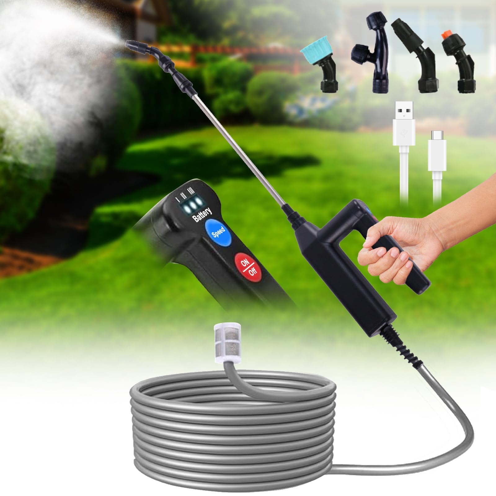 OBEST Spruzzatore Elettrico per Piante, 3 Livelli Regolabili Irroratore | Tubo da 5M e 4 Ugelli, Spruzzatore da Giardino Portatile per Patio, Prato e Autolavaggio con Indicatore di Batteria