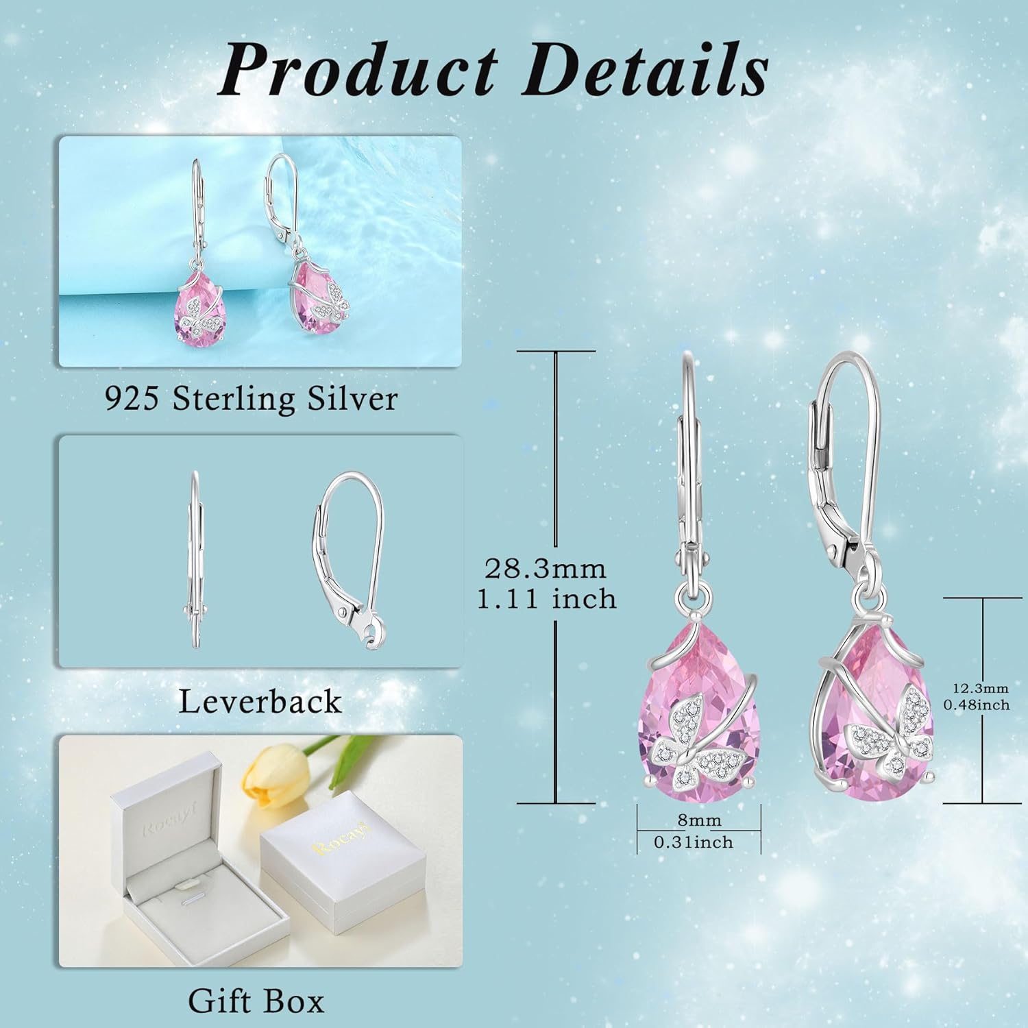 Butterfly Drop Dangle Earrings 925 Sterling Silver Teardrop Leverback Earrings Birthstone Jewelry for Women - Image 6