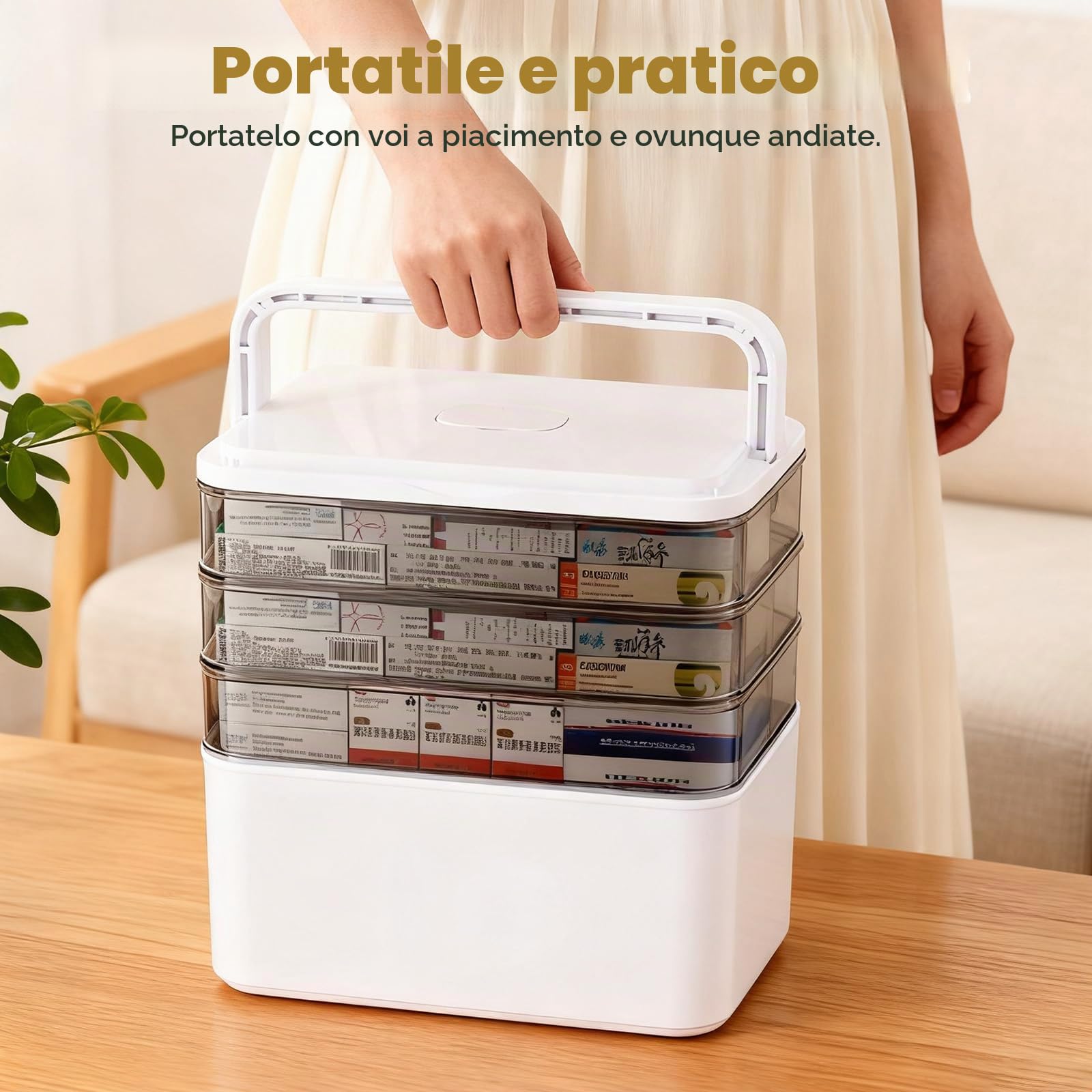4 Livelli Organizer Farmaci Casa, Organizzatore di Medicine Cassetta Medicinali con Chiusura Sicura Scomparti Regolabili, Portapillole Settimanale per Casa Ufficio Scuola