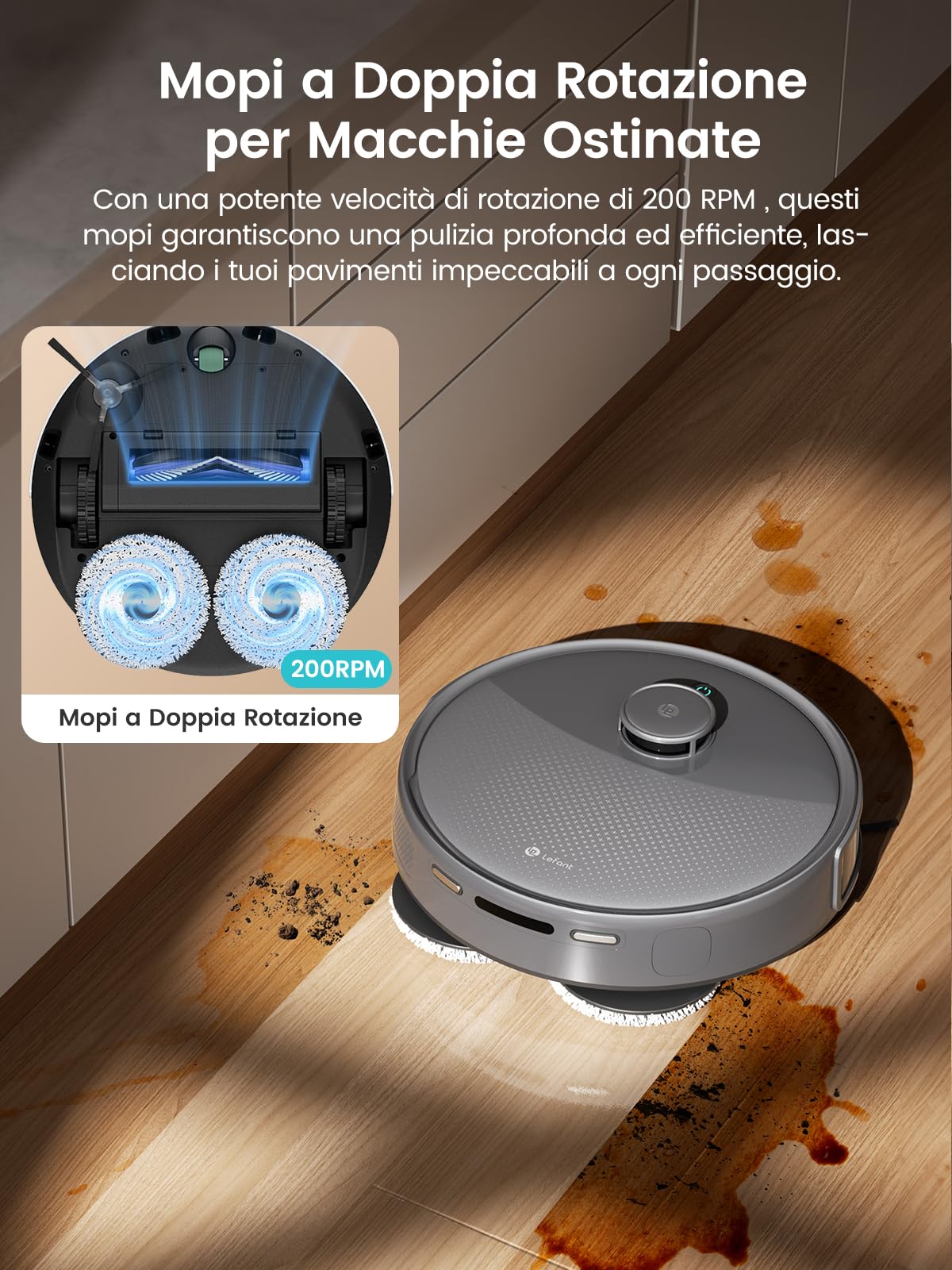 LEFANT M3 Robot Aspirapolvere Lavapavimenti con Mappatura, 12000Pa, Doppio Mop Rotante, Navigazione dToF, Evitamento PSD, Lavaggio Mop a 45°C, 3.2L Svuotamento Automatico, WiFi, Alexa/APP, Grigio