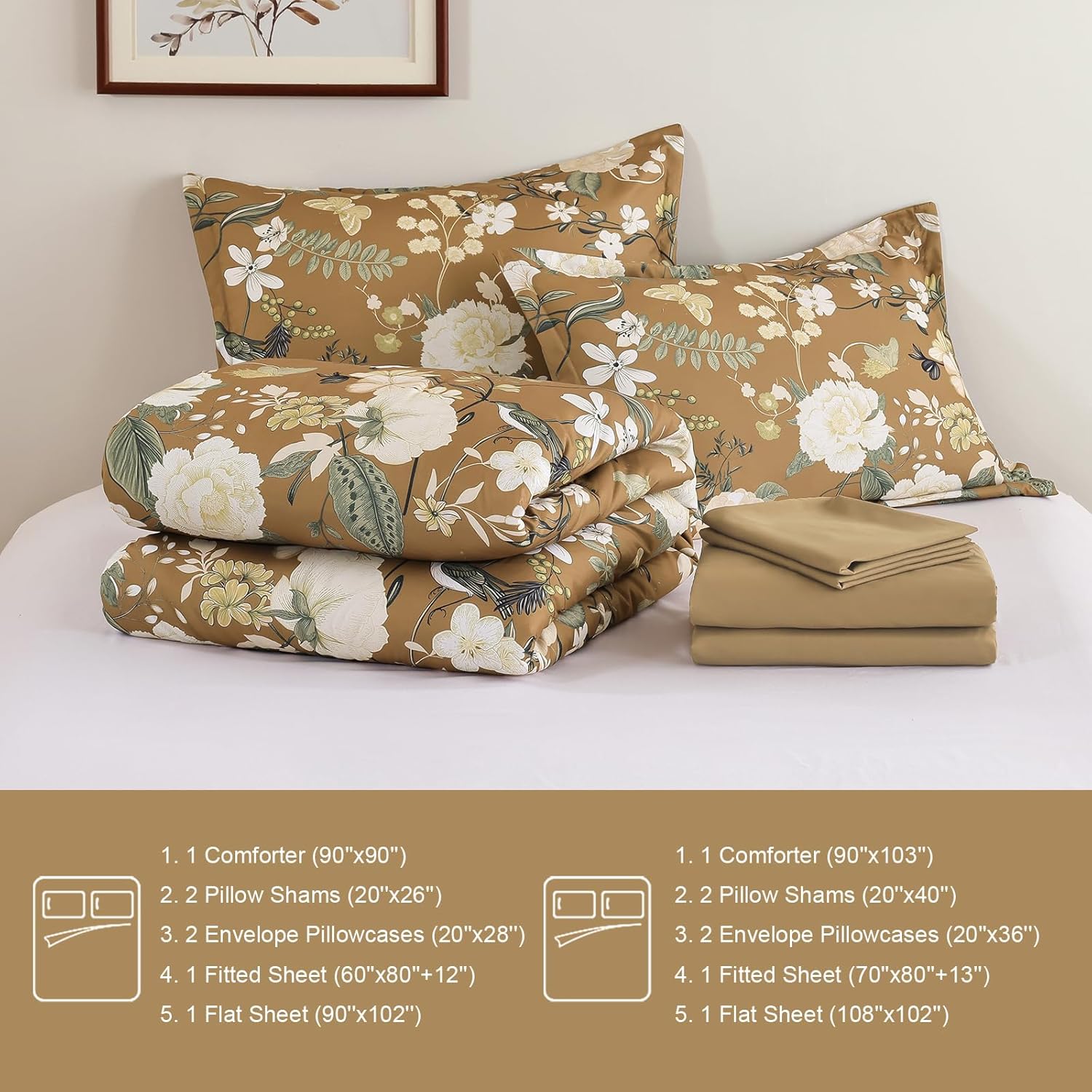 Anibedding 7Pieces Floral Queen Size Comforter Set, Garden Plant Style Bed in a Bag Brown White Flower Bedding Comforter Set with Pillow Case for Bedroom