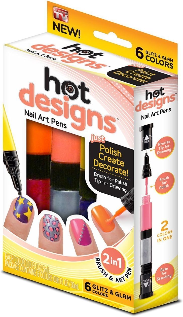 Hot Designs Glitz and Glam Nail Art Pens - 6 Color - Silver, Pink, Purple, Yellow, Raspberry and Orange Salon Polish Brush As Seen on Tv