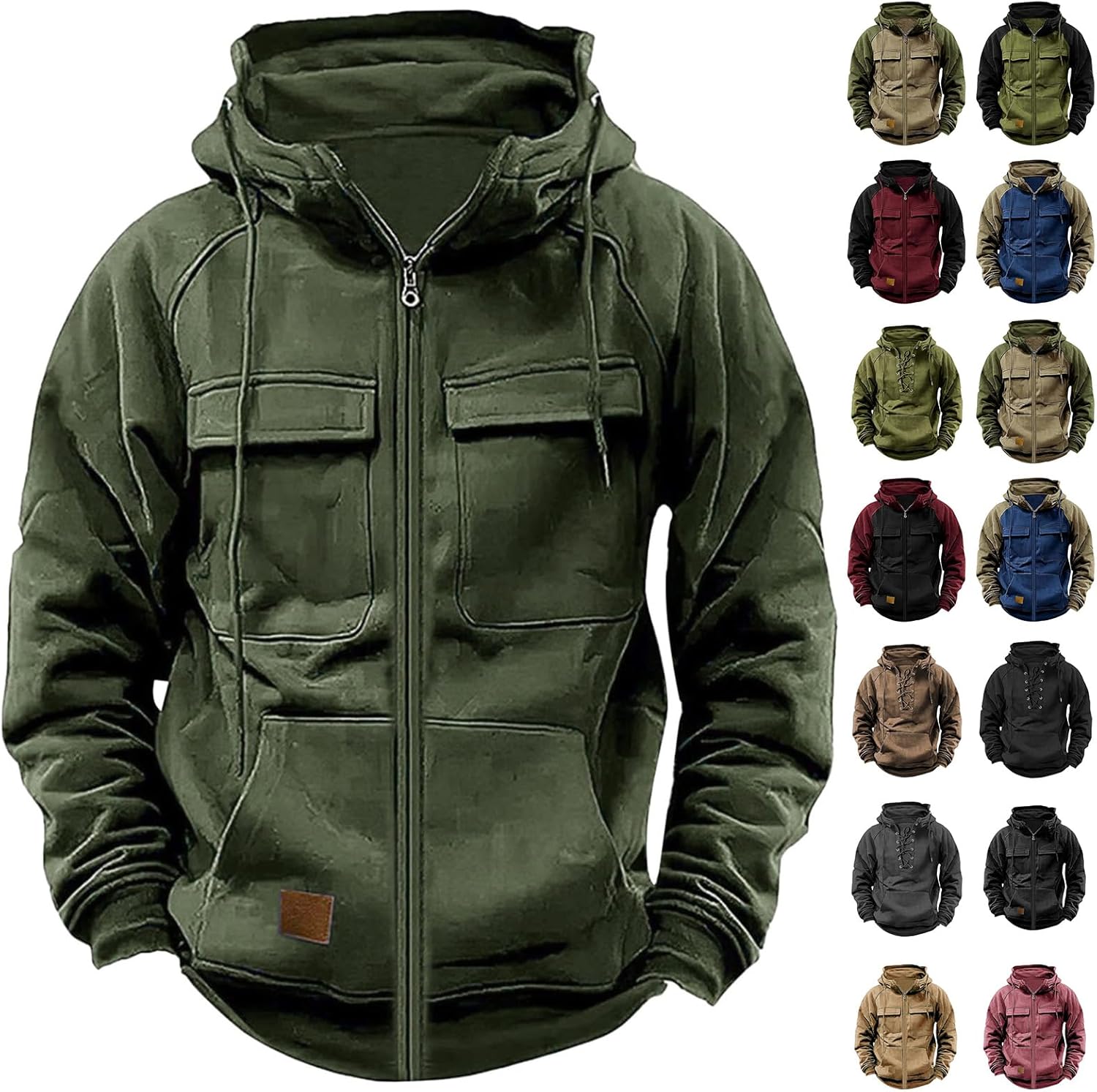 Tactical Hoodies for Men Zip Up Military Cargo Sweatshirts Long Sleeve Vintage Outdoor Workout Hoodie with Pocket - Image 4