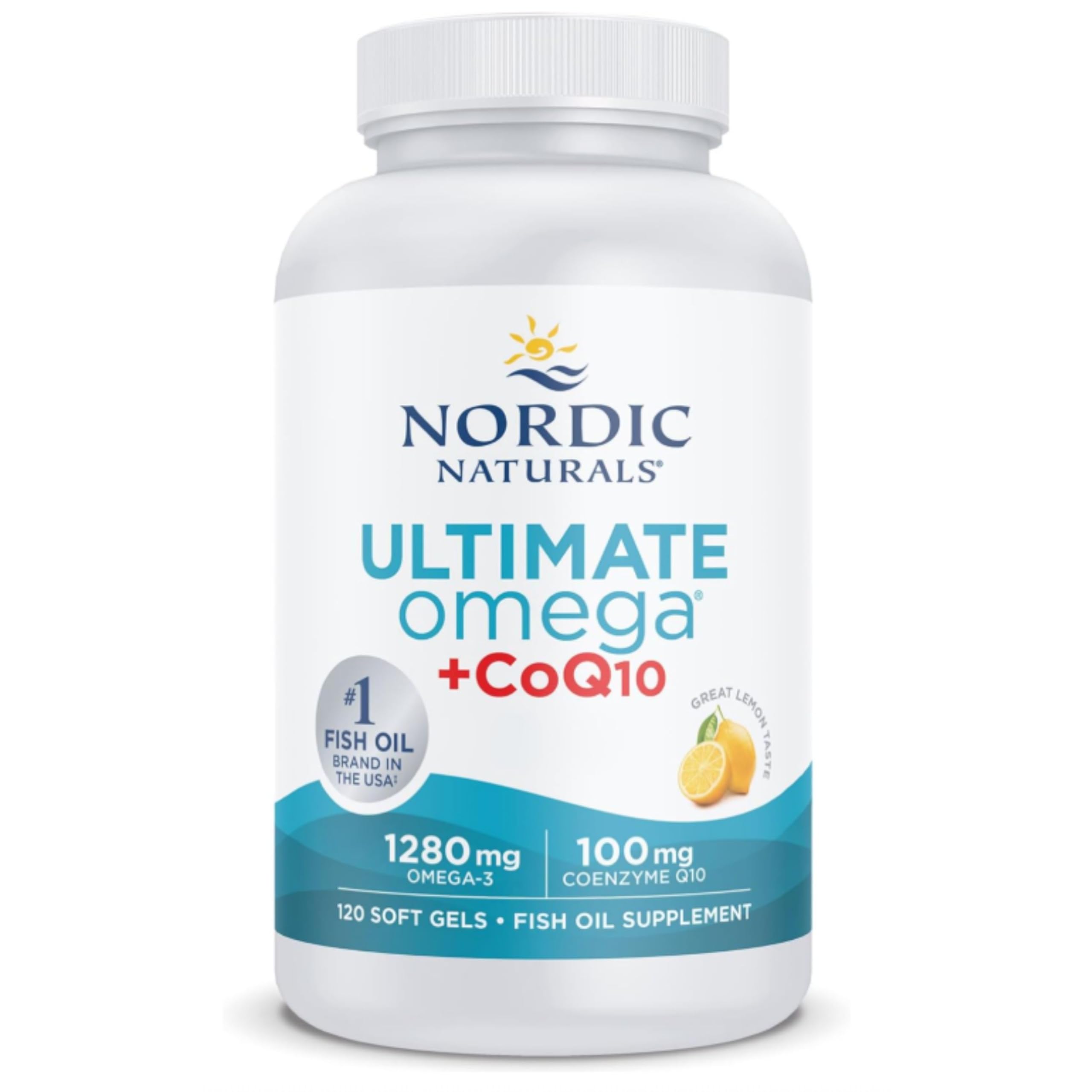 Nordic Naturals Ultimate Omega-3 + CoQ10 Nahrungsergänzung, 1280 mg Omega-3 Fischöl mit EPA, DHA und Coenzym Q10, hochdosiert, natürlich, Zitronengeschmack, 120 Softgels, sojafrei, glutenfrei