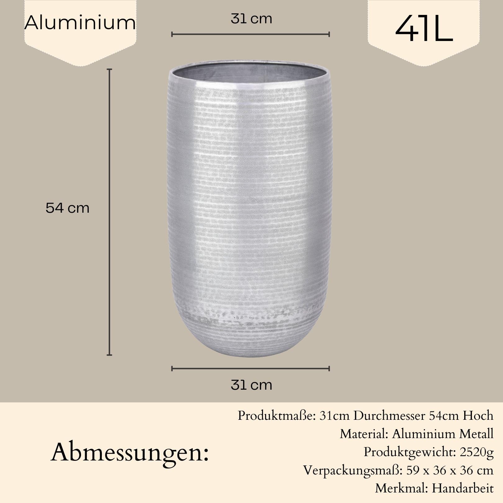 Marrakesch XXL aluminiowa donica na kwiaty, wazon podłogowy, 54 cm, srebrna, matowa | doniczka na rośliny, kolumna na kwiaty, 41 l, duża, okrągła, do użytku na zewnątrz i wewnątrz | doniczka na kwiaty