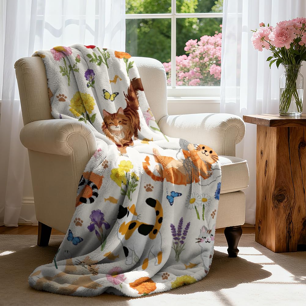 WADORN Katzen Kuscheldecke Geschenk Für Frauen, 150x130cm Katzen Blumenmuster Kuscheldecke Für Katzenliebhaber Katzenfreunde Wildblumen Flauschig Weich Flanell Fleecedecke Für Büro Schlafzimmer Sofa