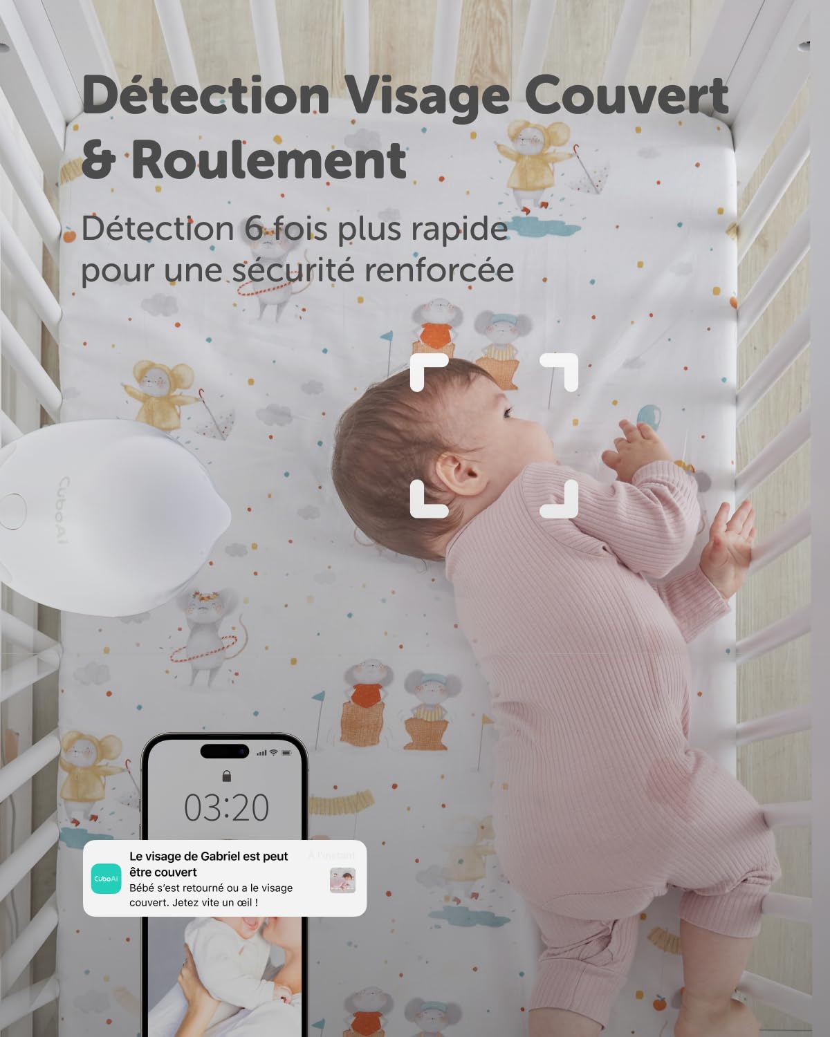 Babyphone Intelligent CuboAi 3 : caméra Wi-FI 2.5K QHD, Audio bidirectionnel, alertes température et humidité, berceuses, détection Visage Couvert et retournement, contrôle Via app