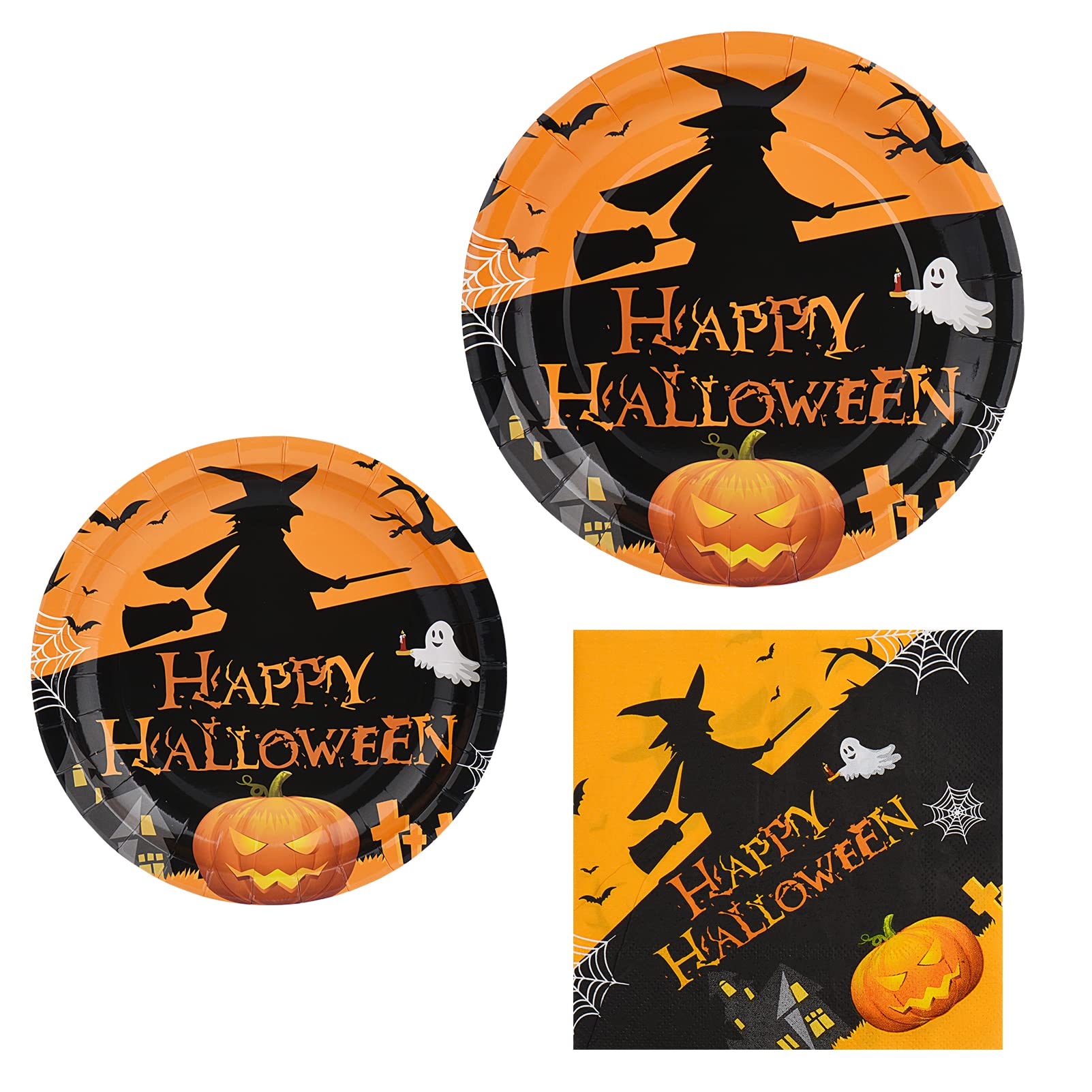 Halloween Plates and Napkins Party Supplies 24 Guests 72 Pcs Happy Halloween Plates and Napkins Set for Halloween Dinner Party Disposable Dinnerware Set Halloween Paper Plates Sets