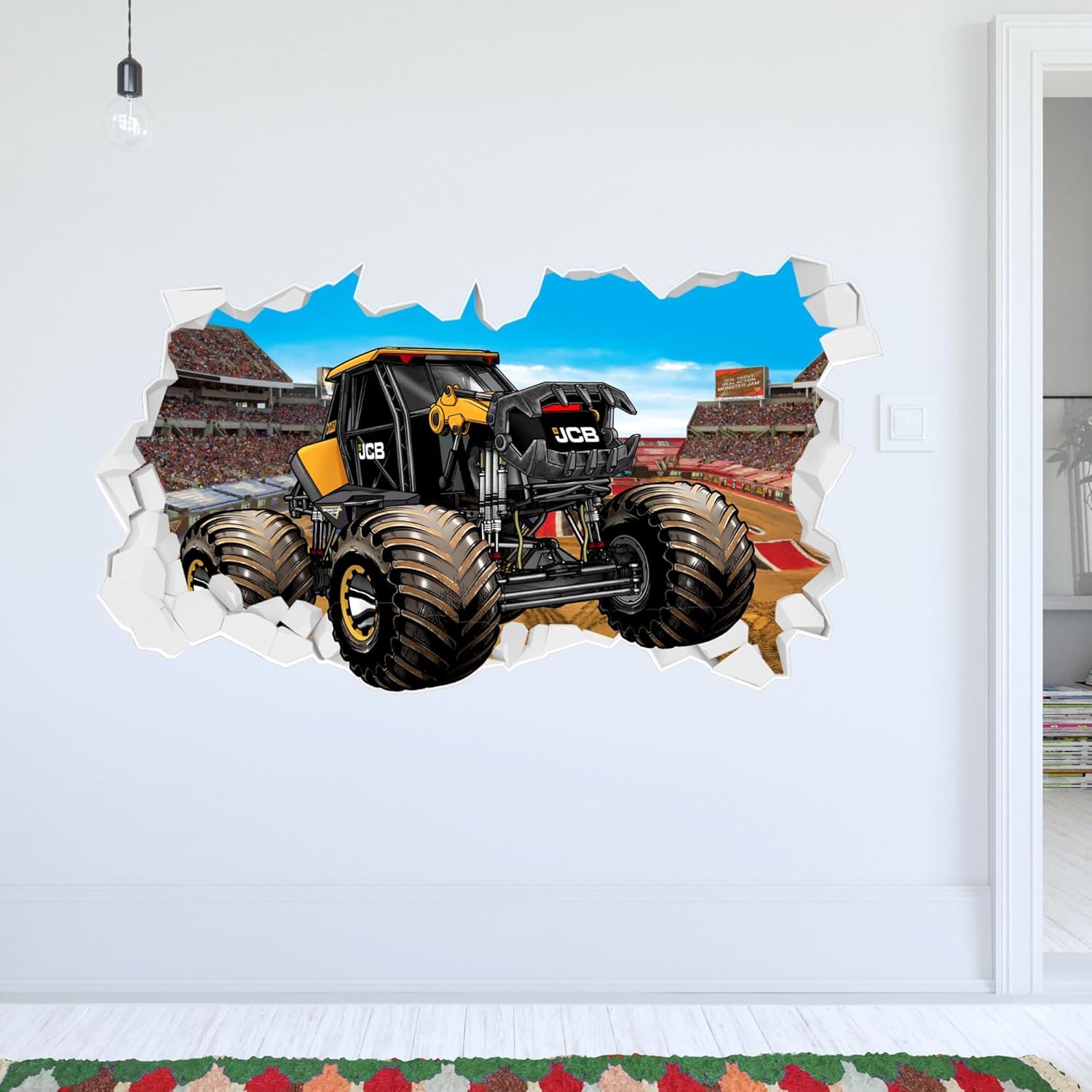Themed Black Monster Jam Wall Sticker - Digatron Driving Through Broken Wall Decal Art (60Cm Width X 35Cm Height)