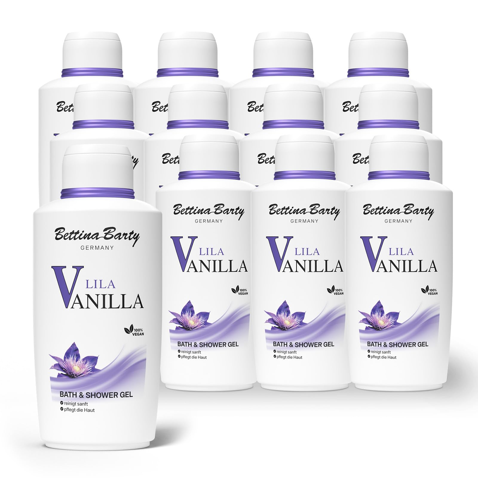 Bettina Barty Lila Vanilla Bath & Shower Gel 12 x 500 ml – Duschgel mit pudrig-blumigem Duft – Feuchtigkeitsspendende Pflege für alle Hauttypen