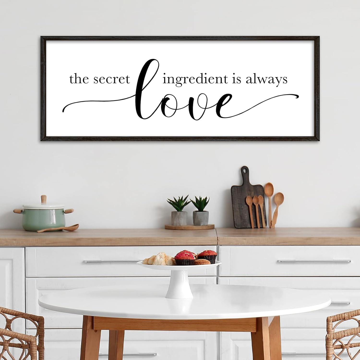 YWMZYKJGS The Secret Ingredient Is Always Love Wall Decor Sign 32"×12" for Kitchen Dining Room Large Wood Framed Wall Hanging Art (Black)