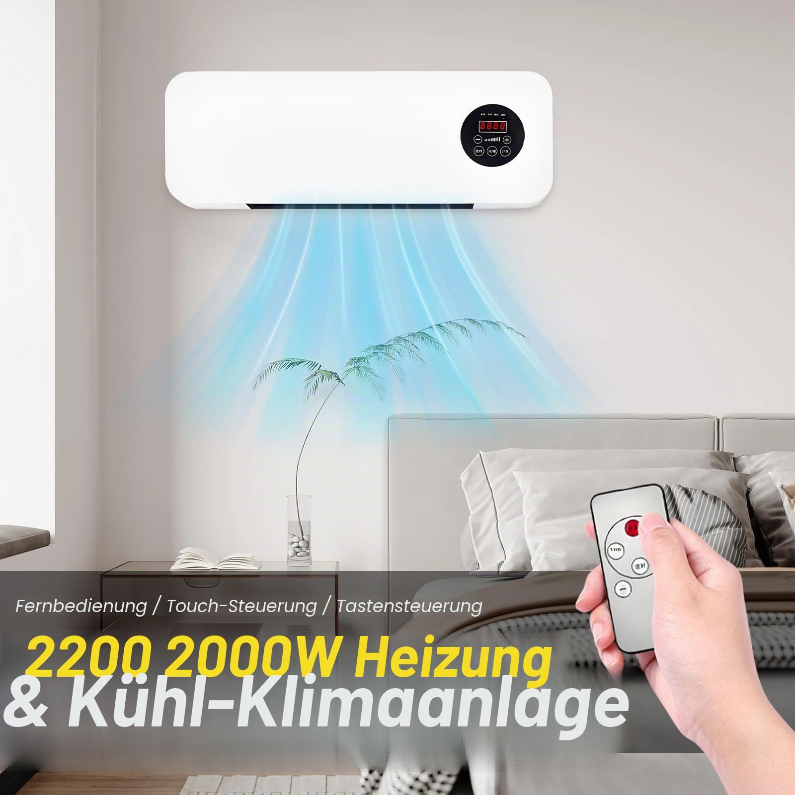 2000 W Split-Klimagerät, wendbar, Klimagerät ohne Außeneinheit, 60 x 21 x 8,5 cm, Heizung & Kühlung, kompakt, leise, schnelle Installation, mit Fernbedienung, für Haus (weiß)