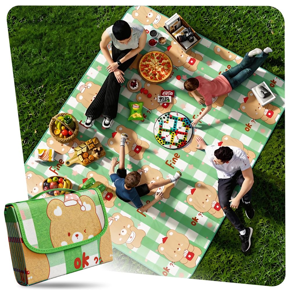 Picnic Blanket Waterproof, Extra Large bear Picnic Blanket with Carrying Handle, Foldable Outdoor Beach Blanket, Portable Picnic Mat, Outdoor Carpet For Beach Park Camping Hiking Family Playground