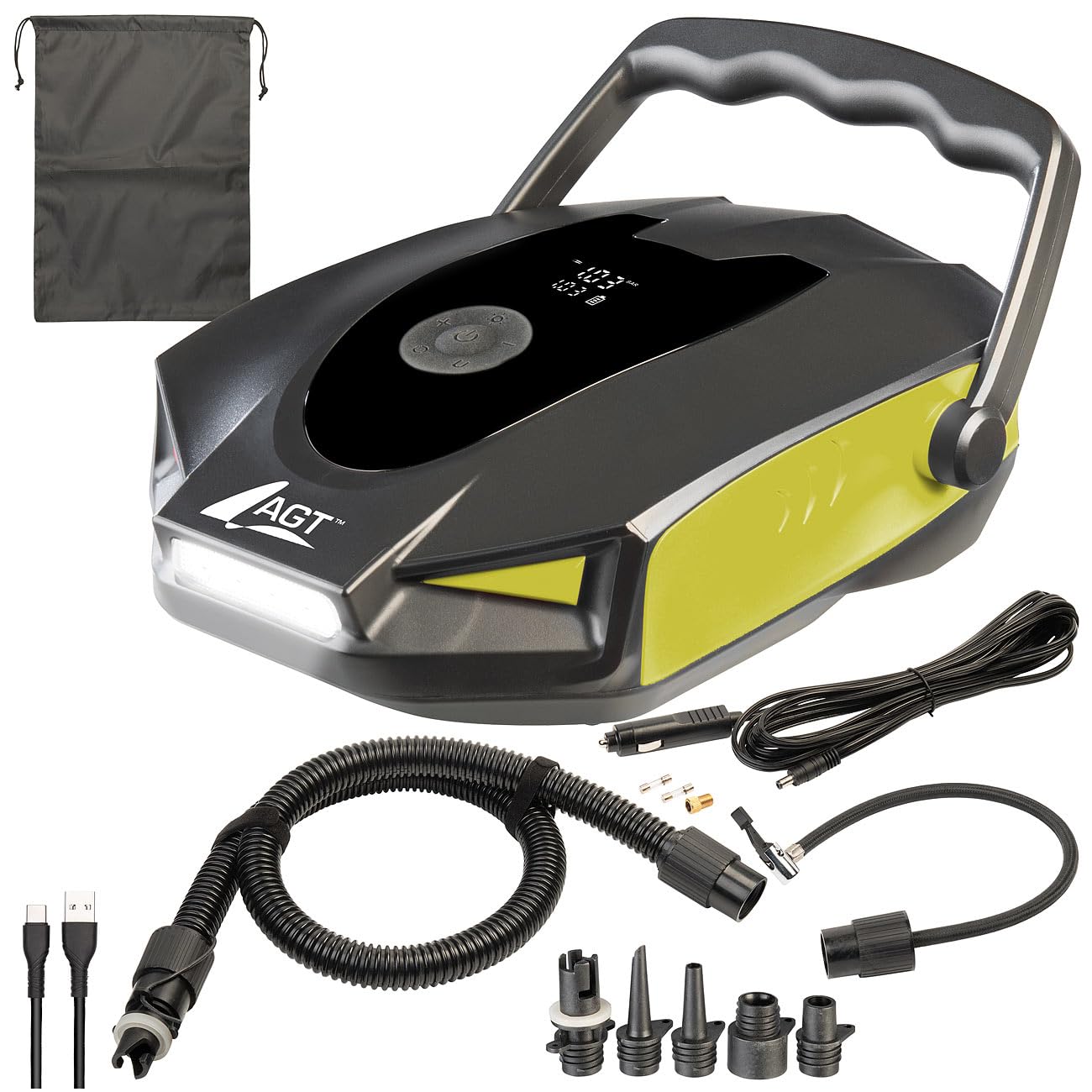 AGT SUP Akku Pumpe: 2in1-Akku-Kompressor- & Schlauchboot-Pumpe, 50 psi /3,4 bar, 12V / USB (SUP Luftpumpe, Kompressor, e Bike)
