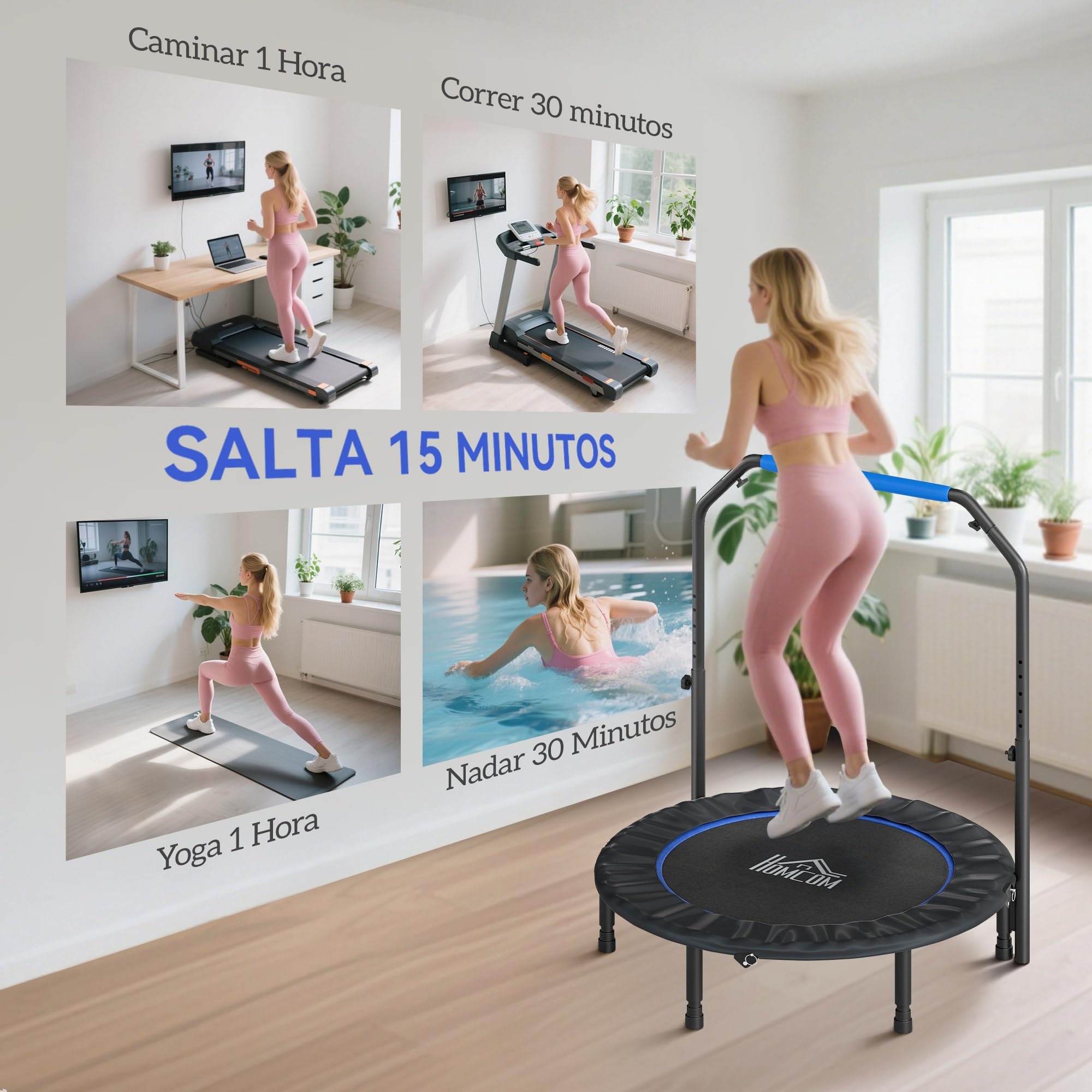 HOMCOM Trampolín de Fitness Adultos Ø102/114/122 cm, Cama Elástica Plegable con Mango Ajustable de 4 Niveles, Marco de Acero, para Entrenamiento Piernas, Cuerpo en Hogar, Oficina, Gimnasio
